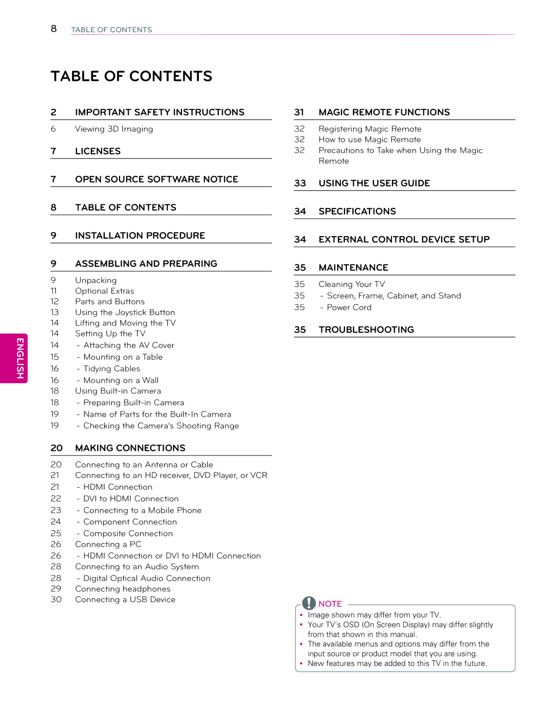 LG Electronics 65EC9700 owner manual Table of Contents 