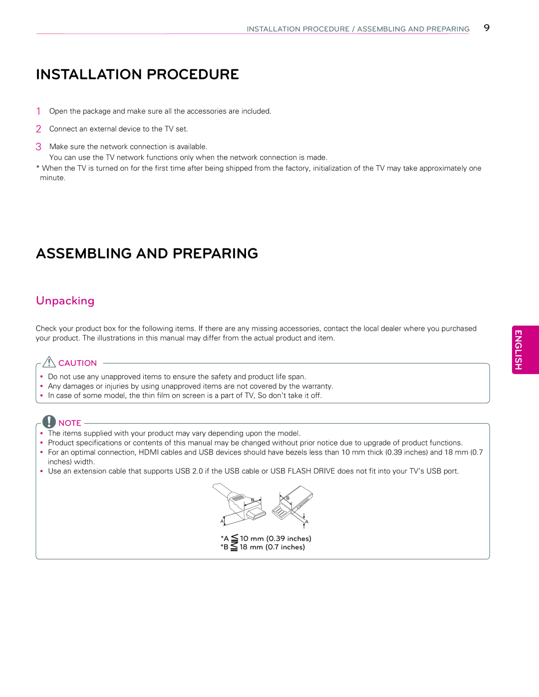 LG Electronics 65EC9700 owner manual Installation Procedure, Assembling and Preparing, Unpacking 