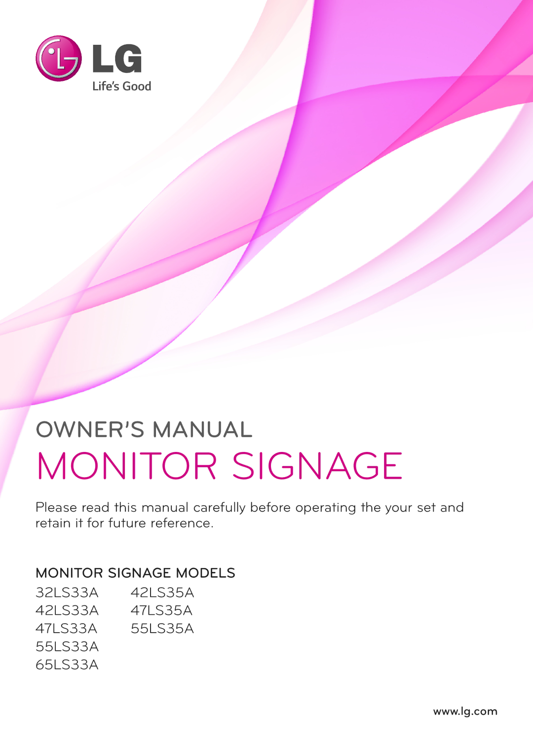 LG Electronics 55LS33A, 65LS33A, 42LS33A, 55LS35A, 32LS33A, 42LS35A, 47LS35A, 47LS33A owner manual Monitor Signage 