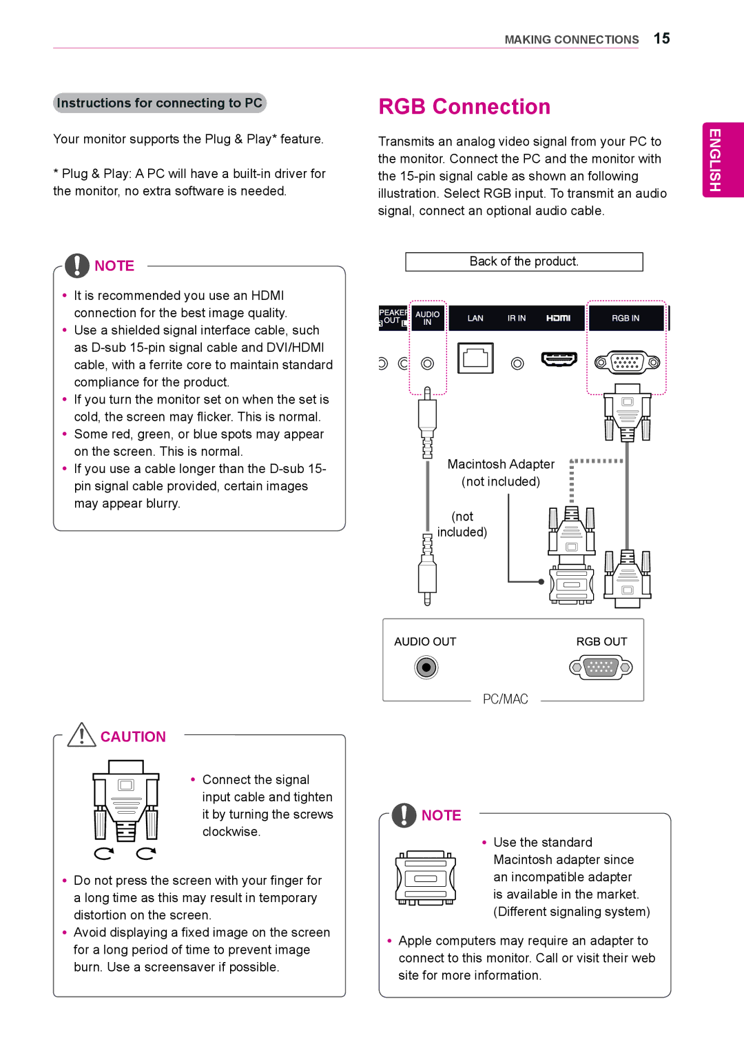 LG Electronics 47LS33A, 65LS33A, 55LS33A, 42LS33A, 55LS35A, 32LS33A, 42LS35A RGB Connection, Instructions for connecting to PC 