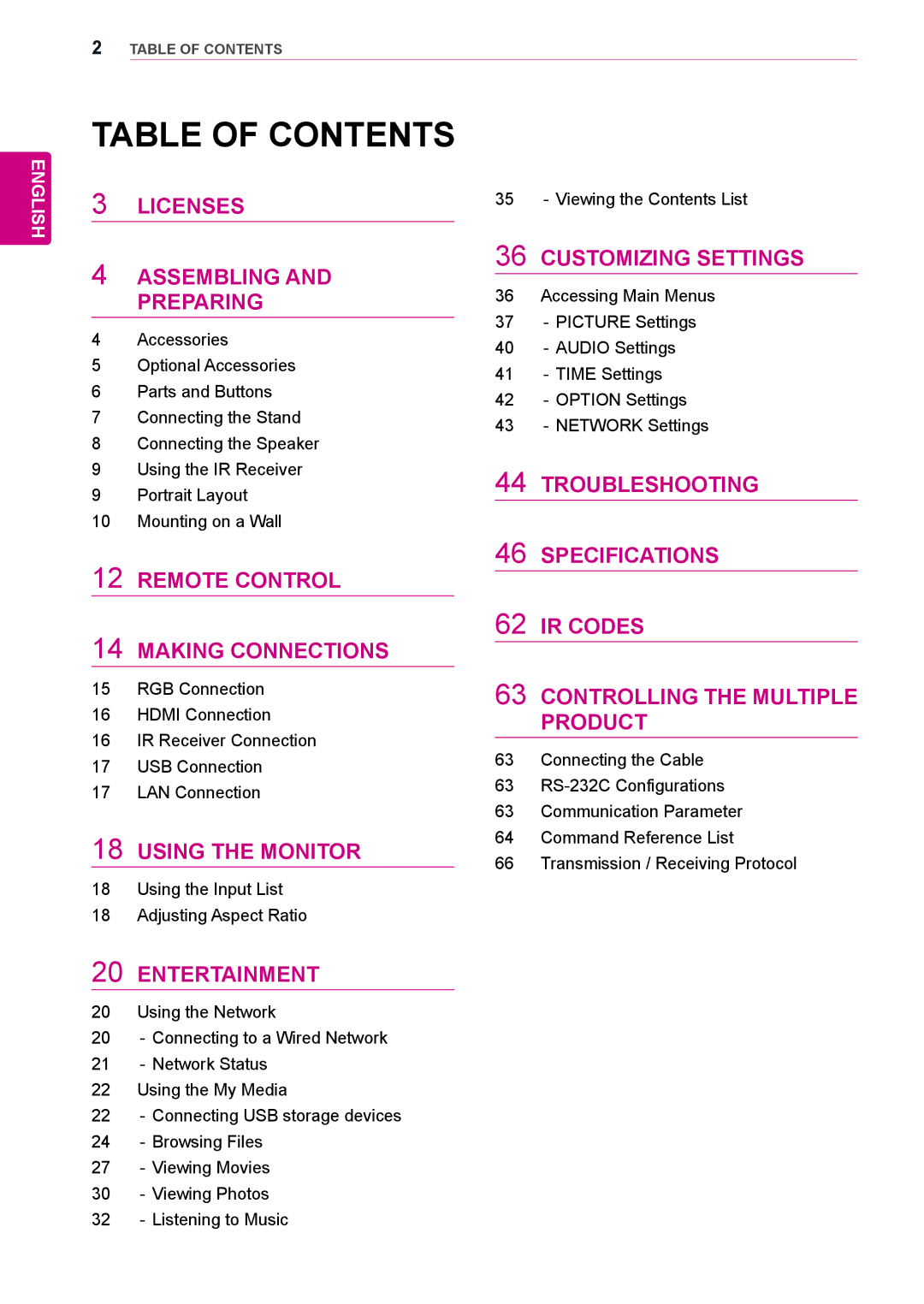 LG Electronics 42LS33A, 65LS33A, 55LS33A, 55LS35A, 32LS33A, 42LS35A, 47LS35A, 47LS33A owner manual Table of Contents 