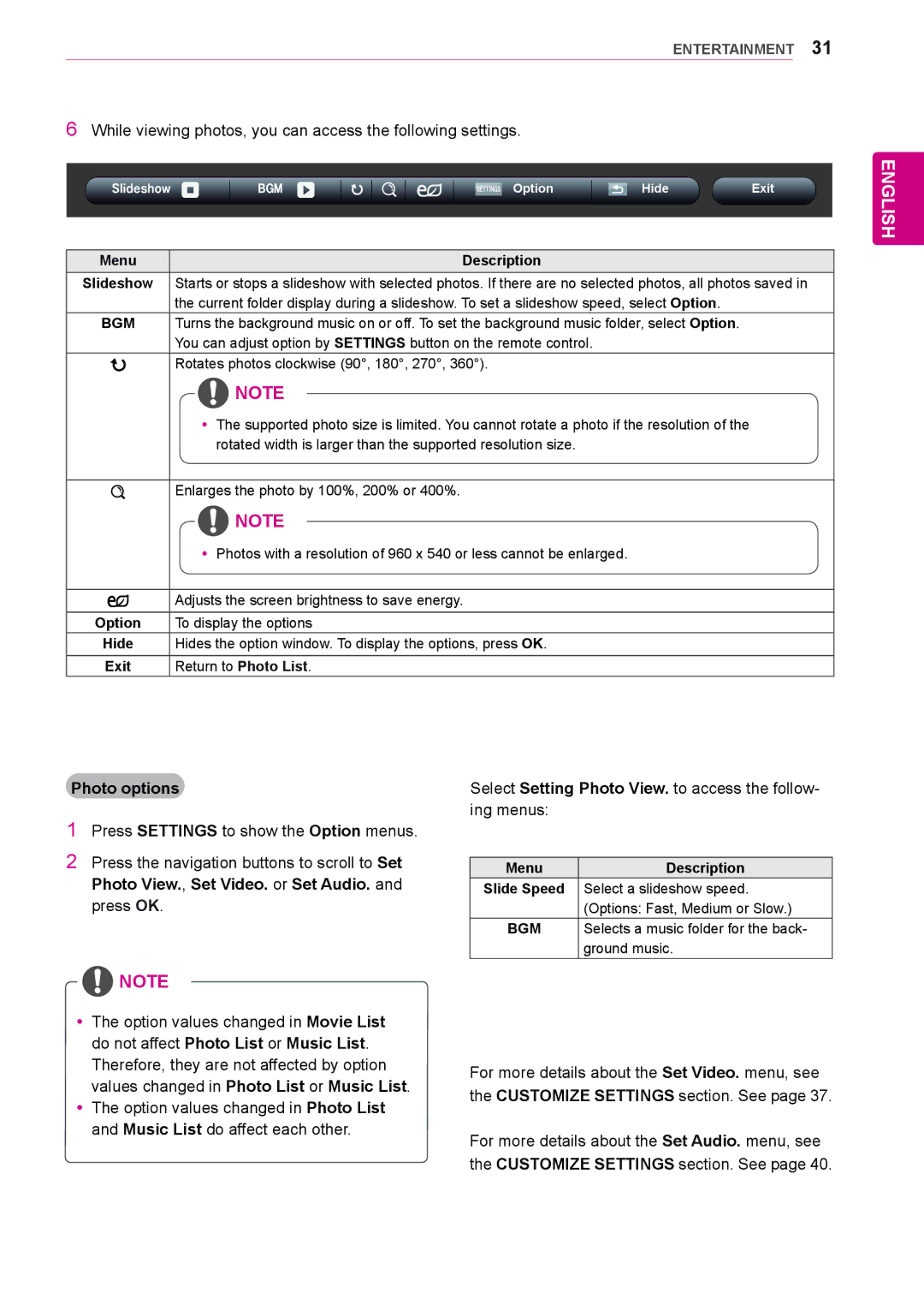 LG Electronics 47LS33A, 65LS33A, 55LS33A, 42LS33A, 55LS35A, 32LS33A, 42LS35A, 47LS35A owner manual Photo options, Exit 