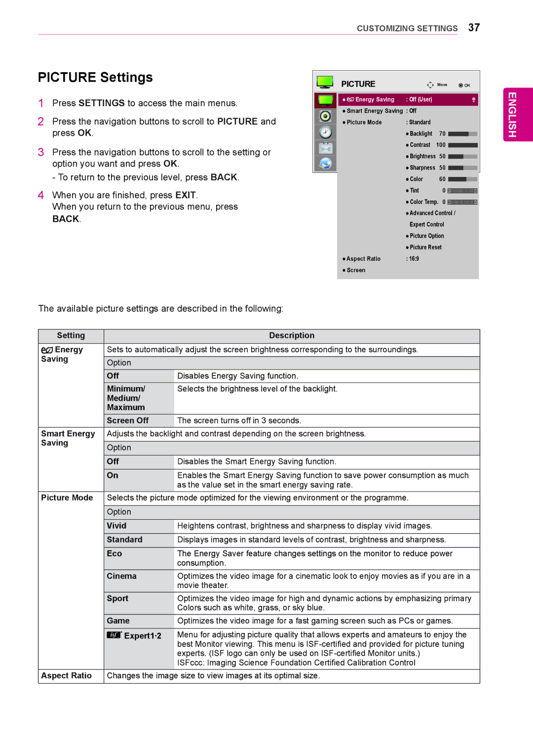 LG Electronics 42LS35A, 65LS33A, 55LS33A, 42LS33A, 55LS35A, 32LS33A, 47LS35A, 47LS33A owner manual Picture Settings 