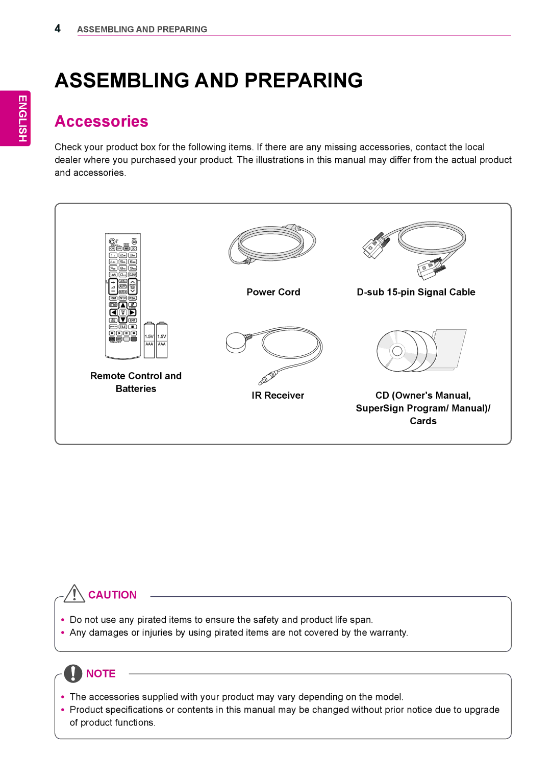 LG Electronics 32LS33A, 65LS33A, 55LS33A, 42LS33A, 55LS35A, 42LS35A, 47LS35A, 47LS33A Assembling and Preparing, Accessories 