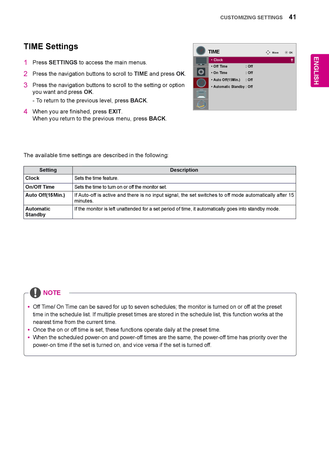 LG Electronics 55LS33A, 65LS33A, 42LS33A, 55LS35A, 32LS33A, 42LS35A, 47LS35A, 47LS33A owner manual Time Settings, Minutes 