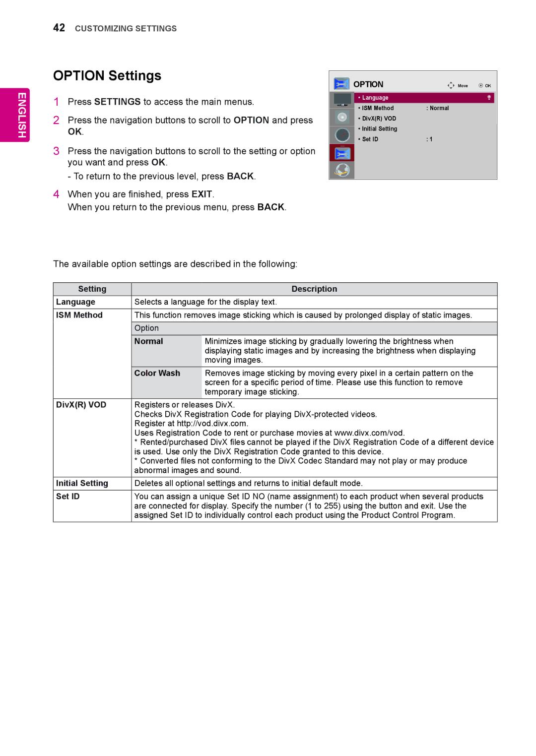 LG Electronics 42LS33A, 65LS33A, 55LS33A, 55LS35A, 32LS33A, 42LS35A, 47LS35A, 47LS33A owner manual Option Settings 