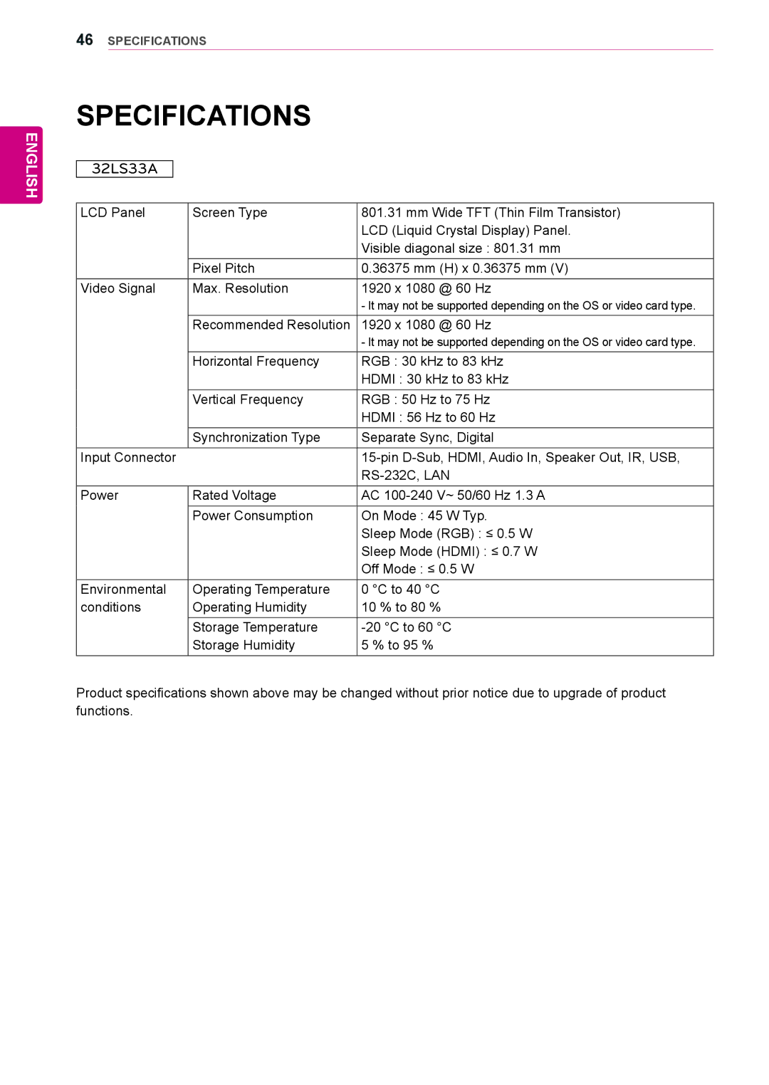 LG Electronics 47LS35A, 65LS33A, 55LS33A, 42LS33A, 55LS35A, 32LS33A, 42LS35A, 47LS33A owner manual Specifications 