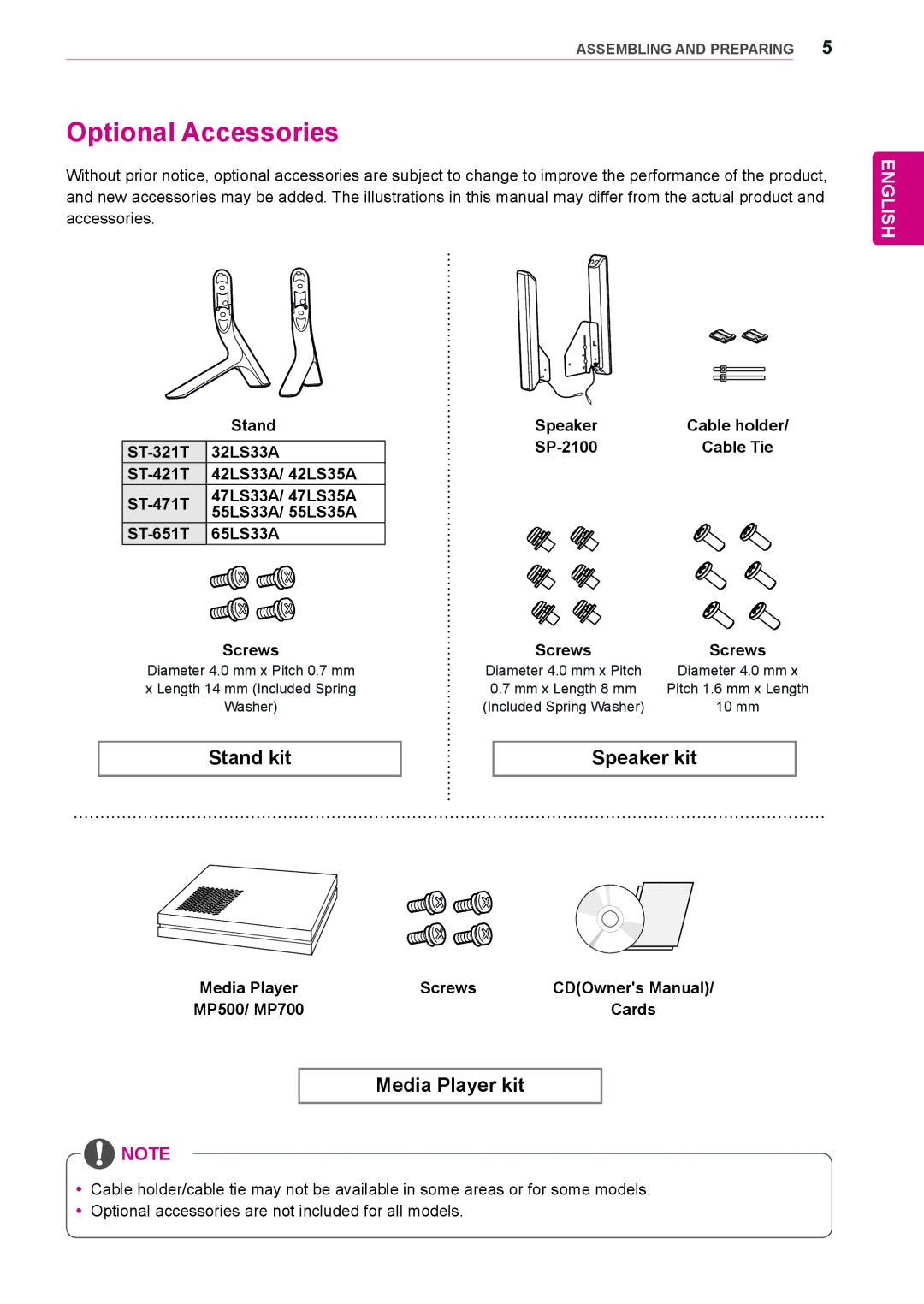 LG Electronics 42LS35A, 65LS33A, 55LS33A, 42LS33A, 55LS35A, 32LS33A, 47LS35A, 47LS33A Optional Accessories, Stand, Screws Cards 