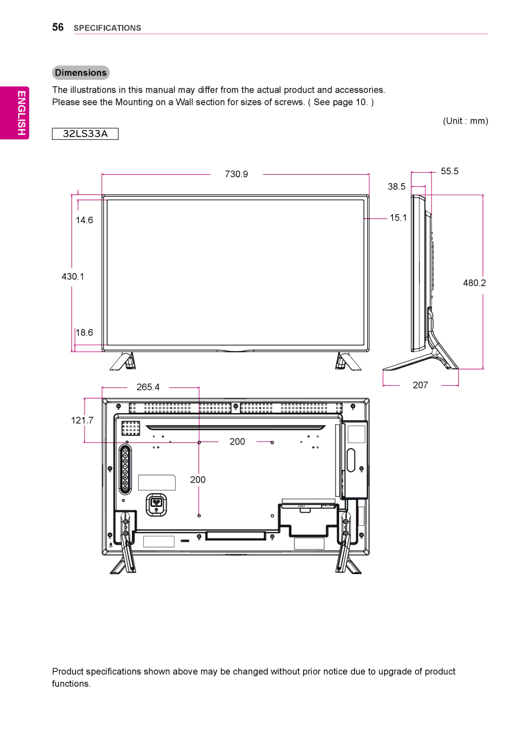 LG Electronics 65LS33A, 55LS33A, 42LS33A, 55LS35A, 32LS33A, 42LS35A, 47LS35A, 47LS33A owner manual Dimensions 