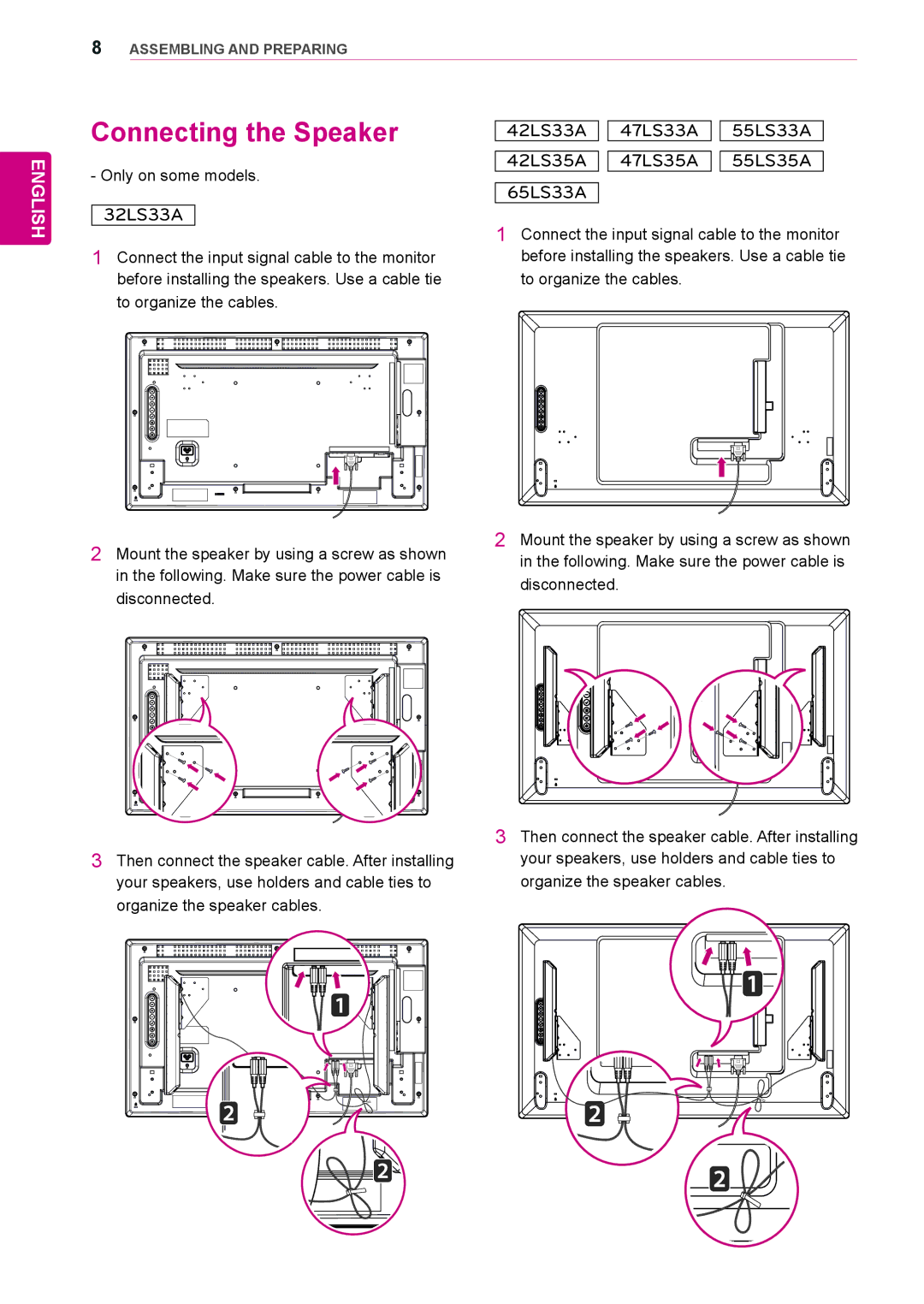 LG Electronics 65LS33A, 55LS33A, 42LS33A, 55LS35A, 42LS35A, 47LS35A, 47LS33A owner manual Connecting the Speaker, 32LS33A 