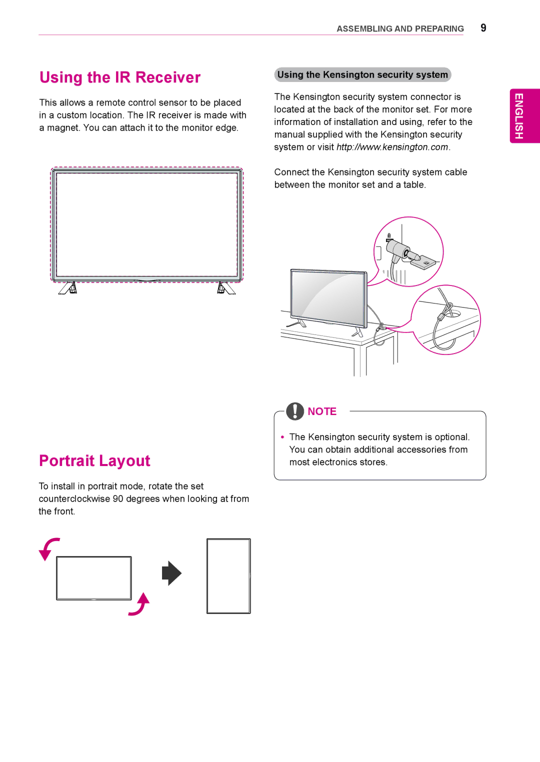 LG Electronics 55LS33A, 65LS33A, 42LS33A Using the IR Receiver, Portrait Layout, Using the Kensington security system 