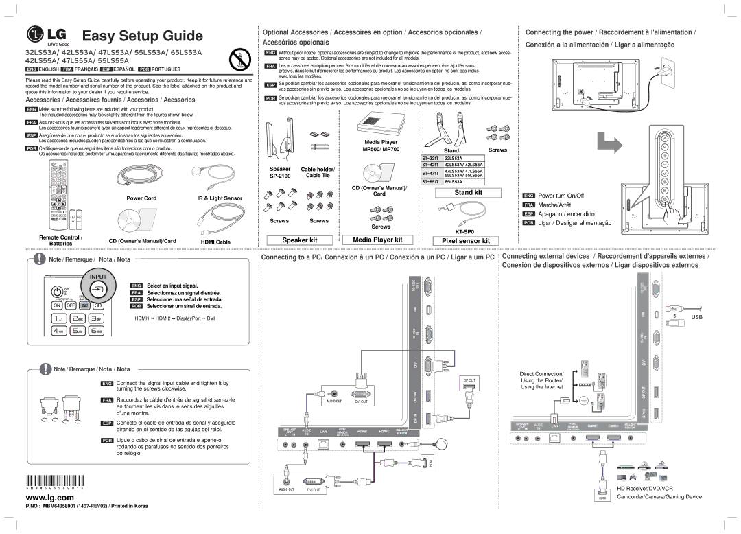 LG Electronics 55LS55A, 65LS53A, 55LS53A, 47LS55A setup guide Power Cord IR & Light Sensor Remote Control Hdmi Cable, Stand 