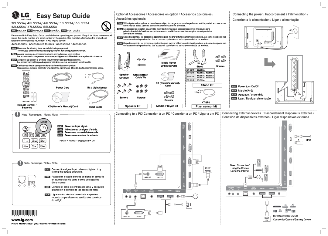 LG Electronics 55LS55A, 65LS53A setup guide Easy Setup Guide, MBM64358901, Speaker kit, Media Player kit, Stand kit 