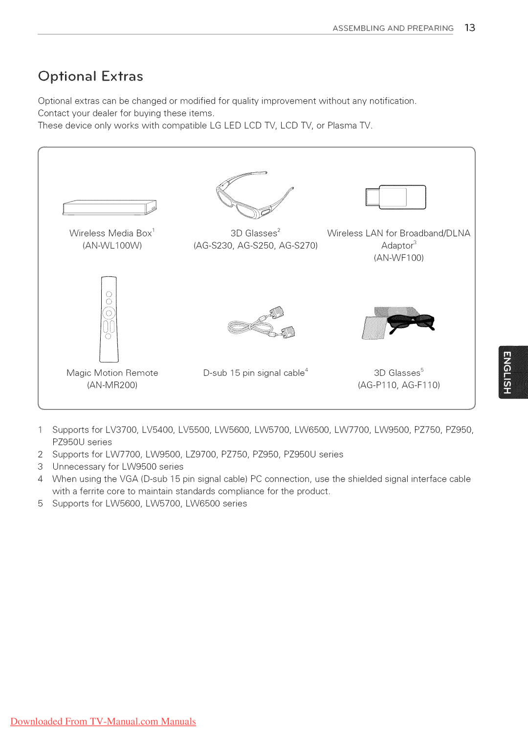 LG Electronics 42LK530, 65LW6500, 60PZ950U, 60PZ750, 55LV5400, 55LV3700, 55LV5500, 55LK530, 50PZ950U, 50PZ750 0ii, Optional Extras 