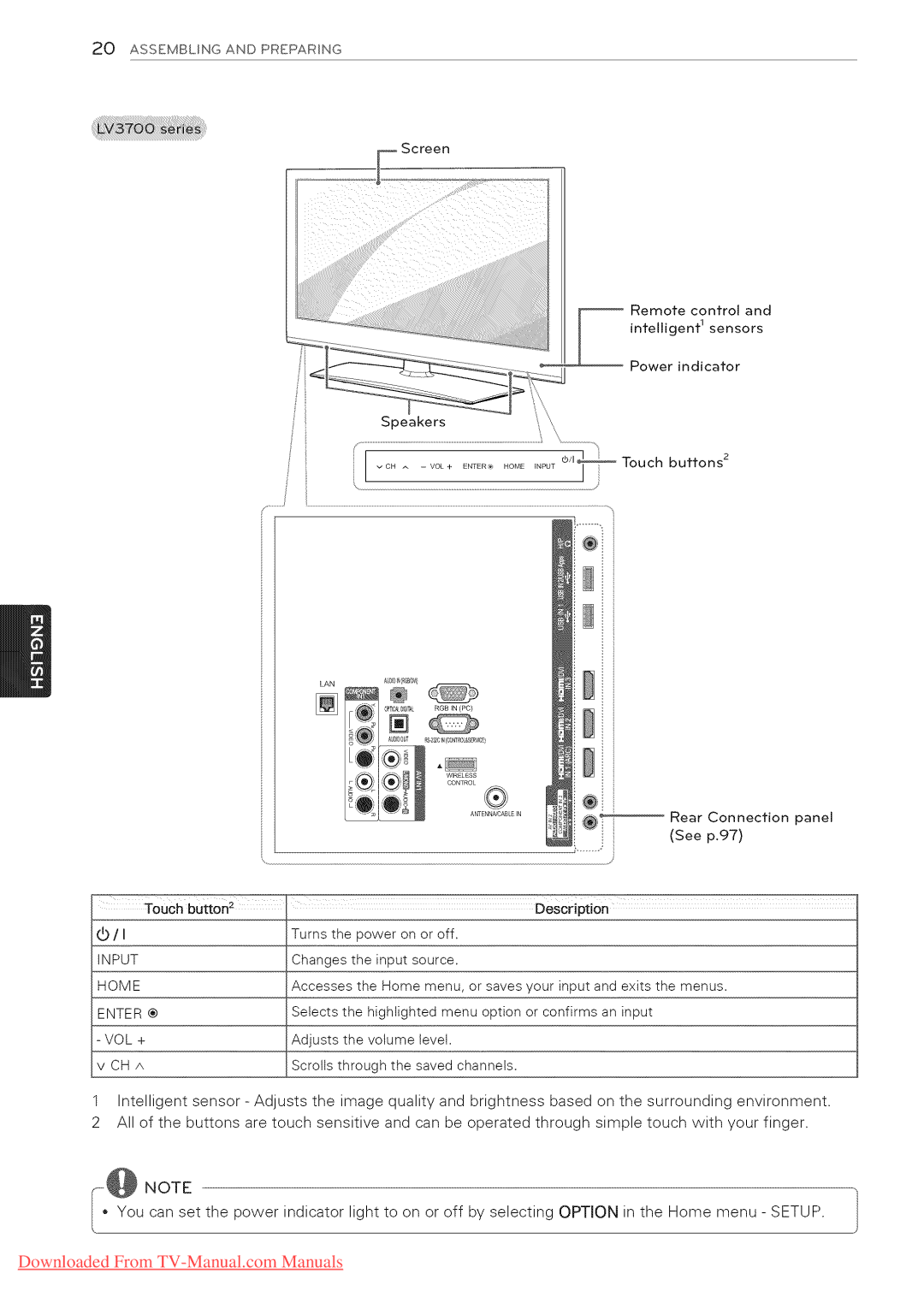 LG Electronics 47LK530, 65LW6500, 60PZ950U, 60PZ750, 55LV5400, 55LV3700 Power indicator Buttons Rear Connection panel See p.97 