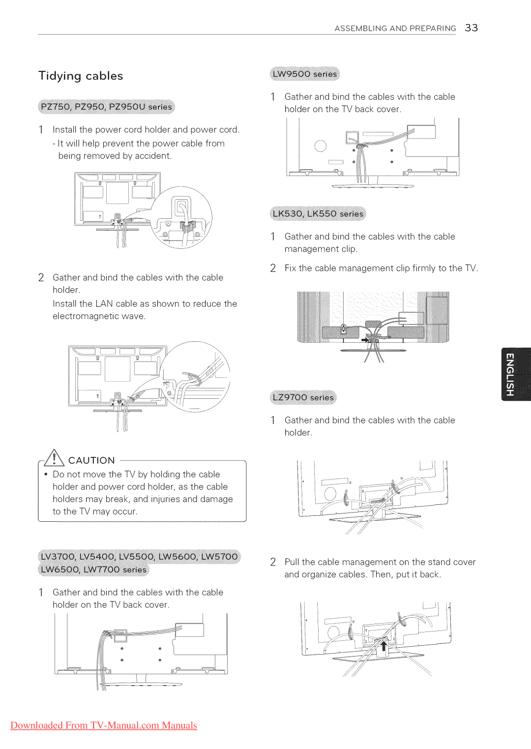 LG Electronics 55LW9500, 65LW6500, 60PZ950U, 60PZ750, 55LV5400, 55LV3700, 55LV5500, 55LK530, 50PZ950U, 50PZ750 manual Tidying cables 