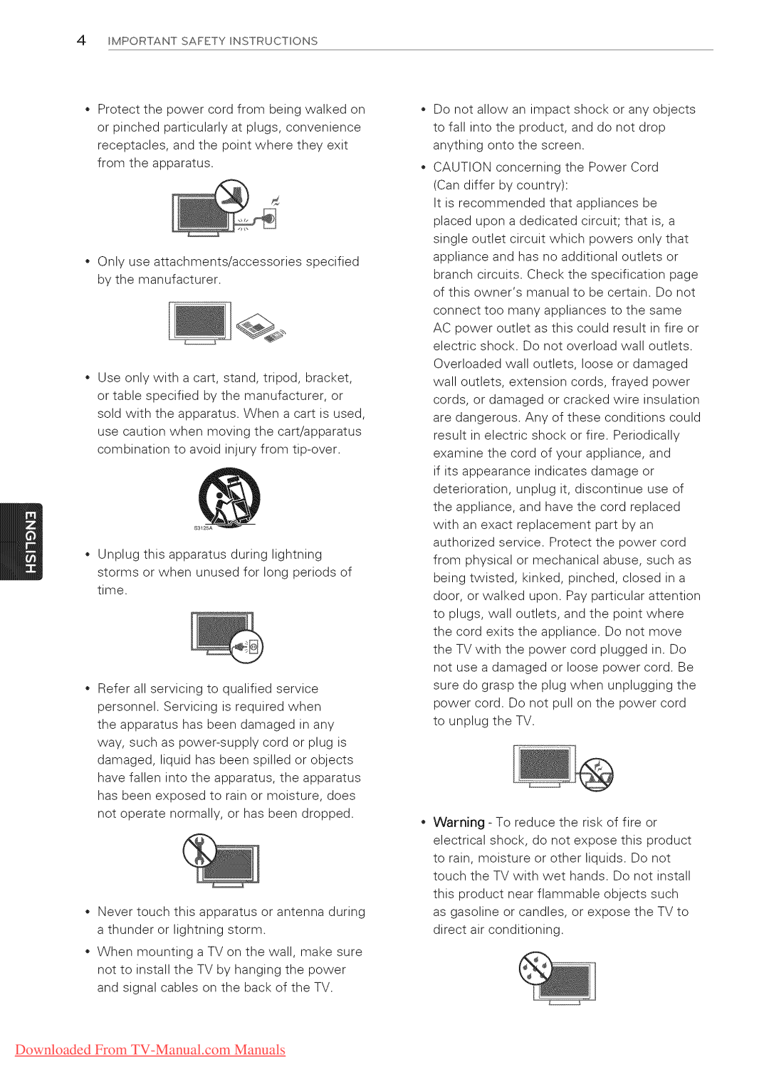 LG Electronics 55LV5400, 65LW6500, 60PZ950U, 60PZ750, 55LV3700, 55LV5500, 55LK530, 50PZ950U manual Important Safety Instructions 