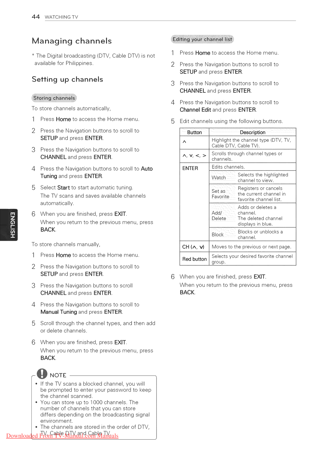 LG Electronics 50PZ750, 65LW6500, 60PZ950U, 60PZ750, 55LV5400 Managing channels, Setting up channels, Channel, Exit, Back 