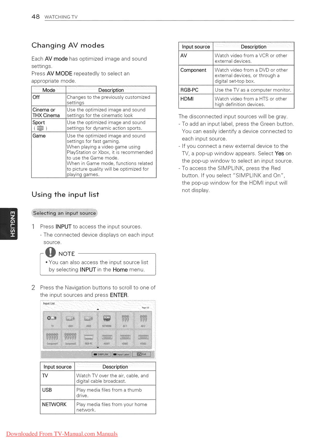 LG Electronics 42LK530, 65LW6500, 60PZ950U, 60PZ750, 55LV5400, 55LV3700, 55LV5500 manual Changing AV modes, Using the input list 