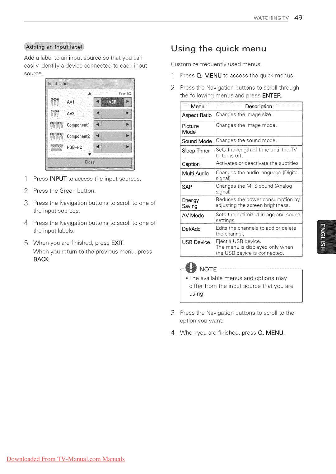 LG Electronics 42LK550, 65LW6500, 60PZ950U, 60PZ750, 55LV5400, 55LV3700, 55LV5500, 55LK530, 50PZ950U Using the quick menu, Sap 