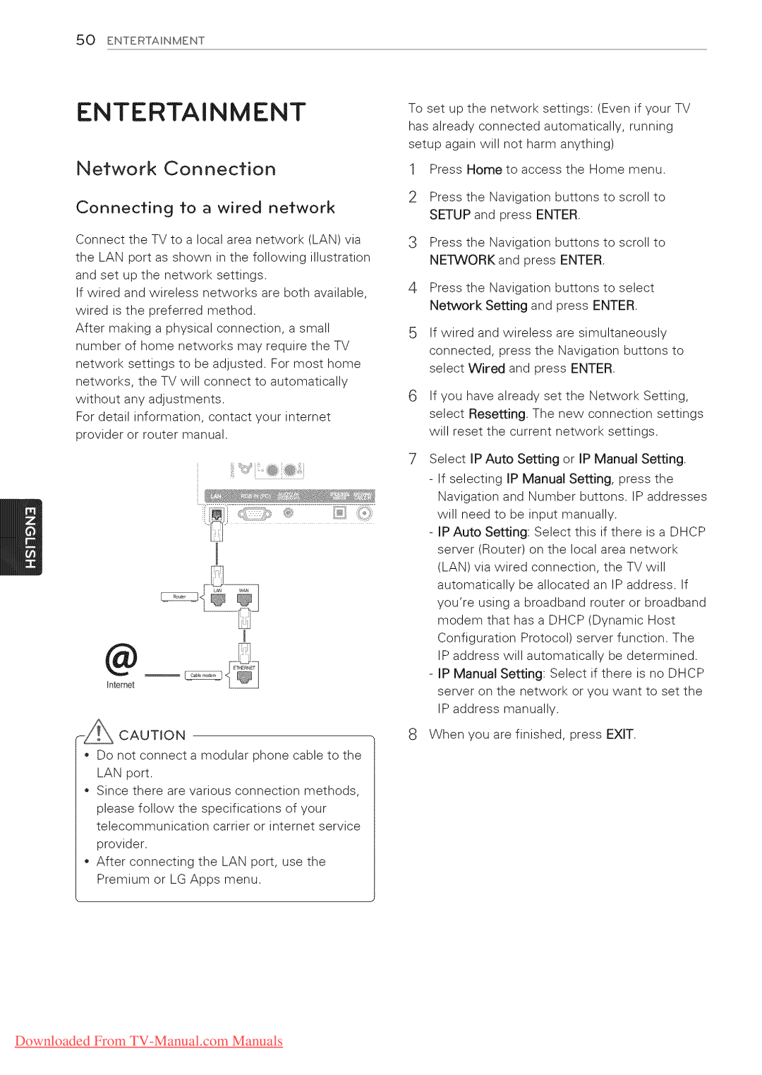 LG Electronics 42LV5400, 65LW6500, 60PZ950U, 60PZ750, 55LV5400, 55LV3700 Network Connection, Connecting to a wired network 