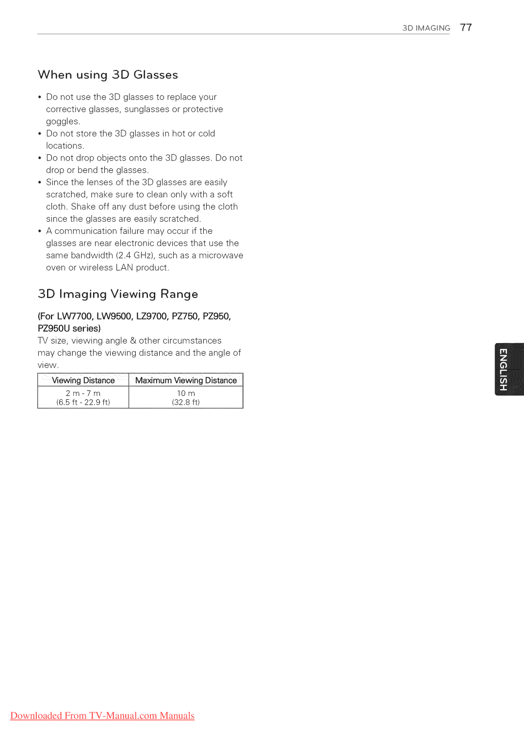 LG Electronics 55LK530, 65LW6500, 60PZ950U, 60PZ750, 55LV5400, 55LV3700 manual When using 3D Glasses, 3D Imaging Viewing Range 