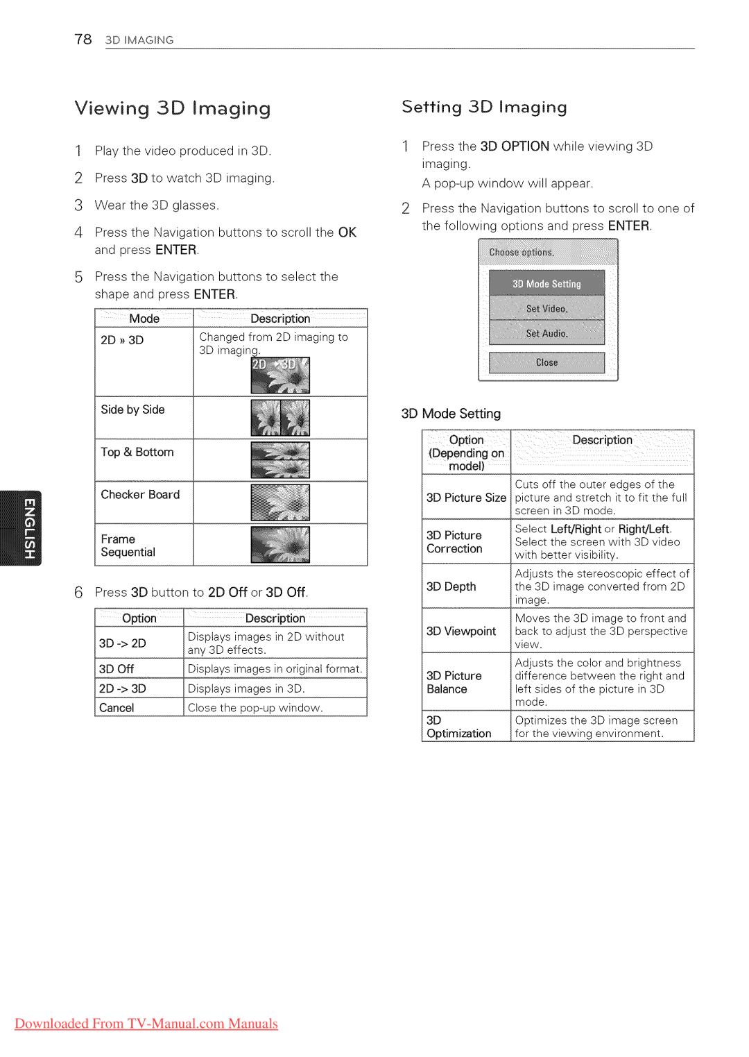 LG Electronics 50PZ950U, 65LW6500, 60PZ950U, 60PZ750, 55LV5400, 55LV3700, 55LK530 Viewing 3D Imaging, Omion, Setting 3D Imaging 