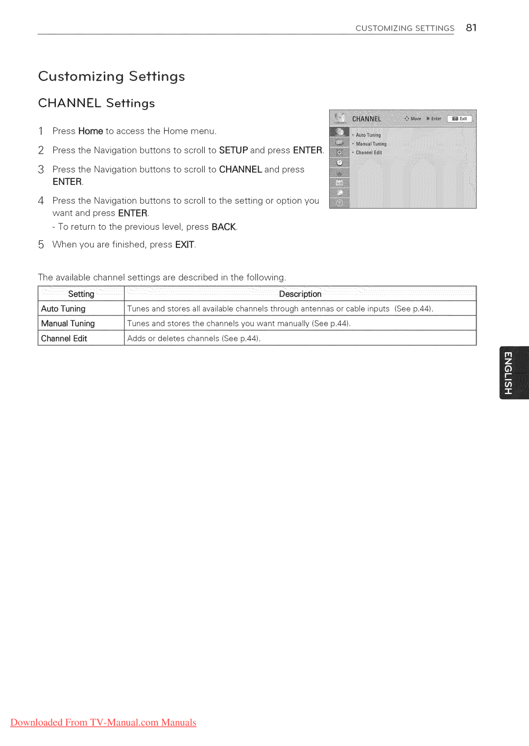 LG Electronics 47LV3700, 65LW6500, 60PZ950U, 60PZ750, 55LV5400, 55LV3700, 55LV5500 manual Customizing Settings, Channel Settings 