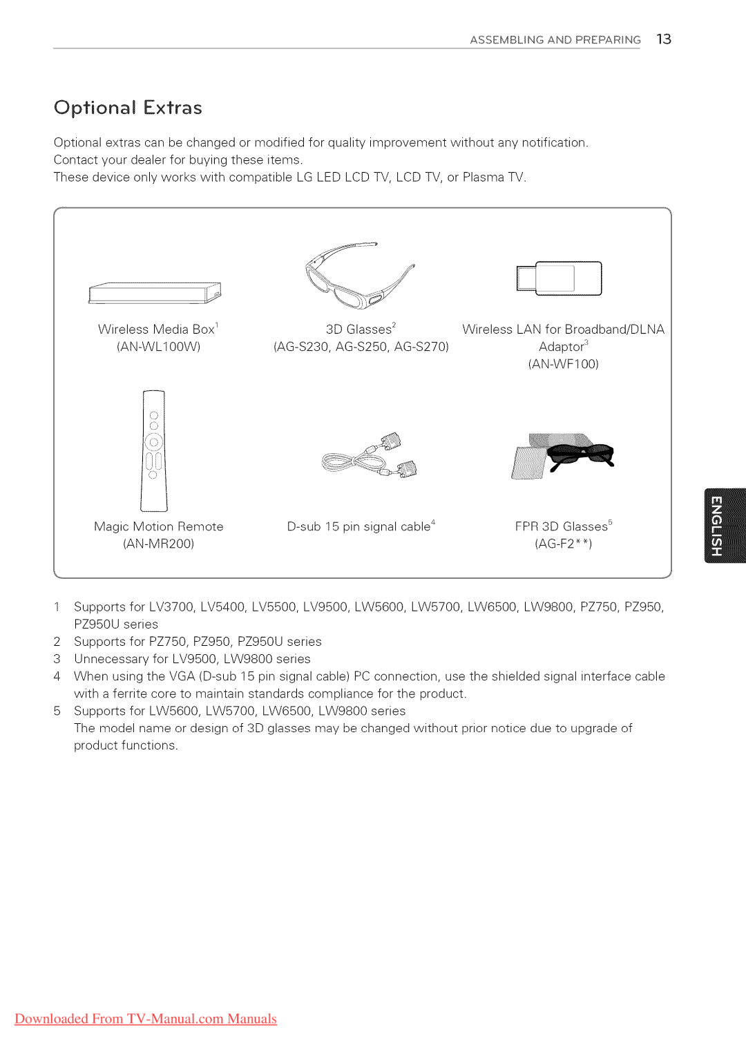 LG Electronics 42LK530, 65LW6500, 60PZ950U, 60PZ750, 55LV5400, 55LV3700, 55LV5500, 55LK530, 50PZ950U, 50PZ750 0ii, Optional Extras 