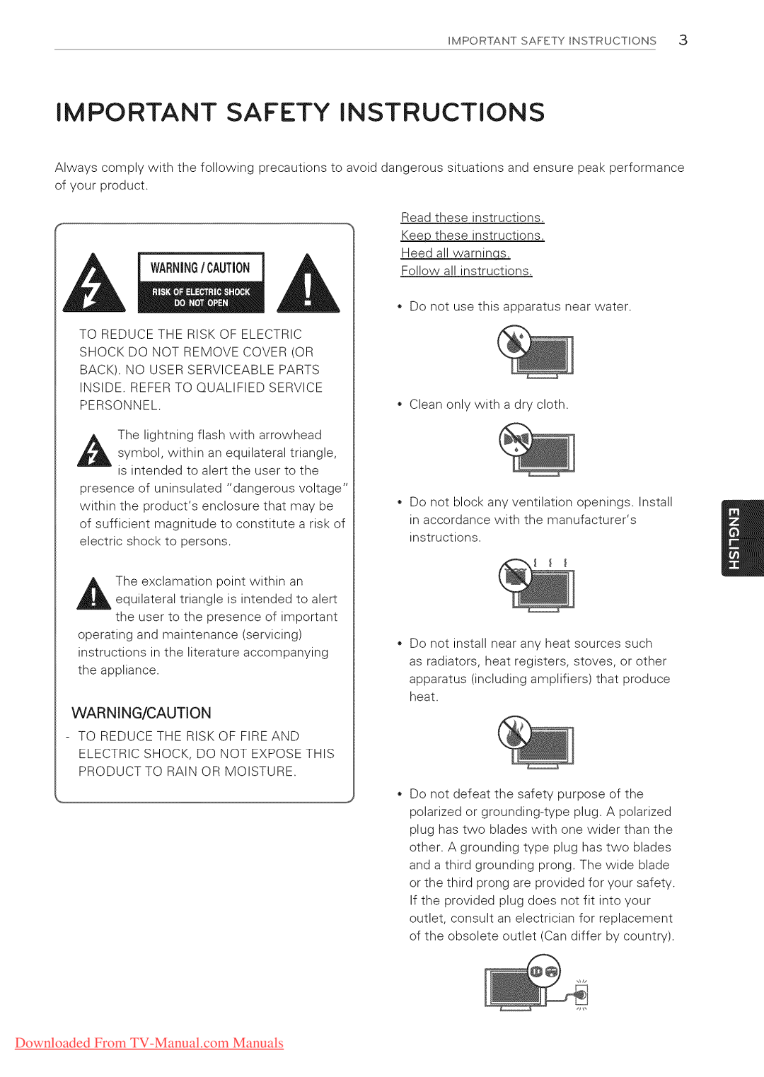 LG Electronics 65LW6500, 60PZ950U, 60PZ750, 55LV5400, 55LV3700, 55LV5500, 55LK530, 50PZ950U Important Safety Instructions 