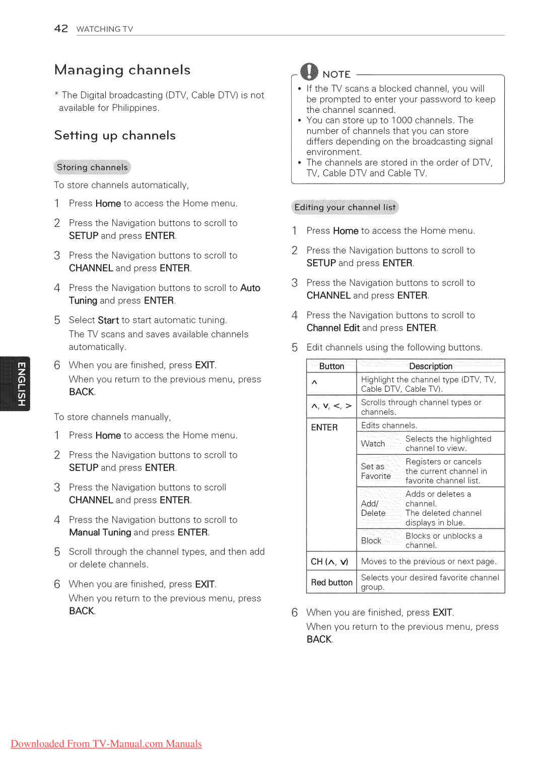 LG Electronics 50PZ750, 65LW6500, 60PZ950U, 60PZ750, 55LV5400, 55LV3700, 55LV5500 manual Managing channels, Setting up channels 