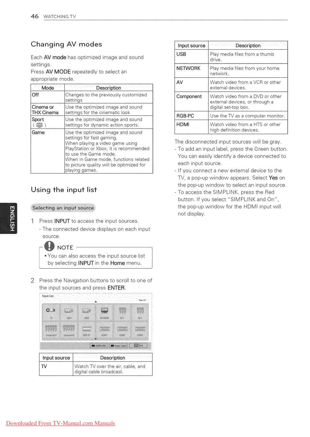 LG Electronics 42LK530, 65LW6500, 60PZ950U, 60PZ750, 55LV5400, 55LV3700, 55LV5500 manual Changing AV modes, Using the input Jist 