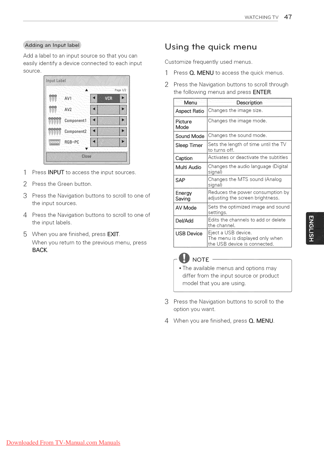 LG Electronics 42LK550, 65LW6500, 60PZ950U, 60PZ750, 55LV5400, 55LV3700, 55LV5500, 55LK530, 50PZ950U Using the quick menu, Sap 