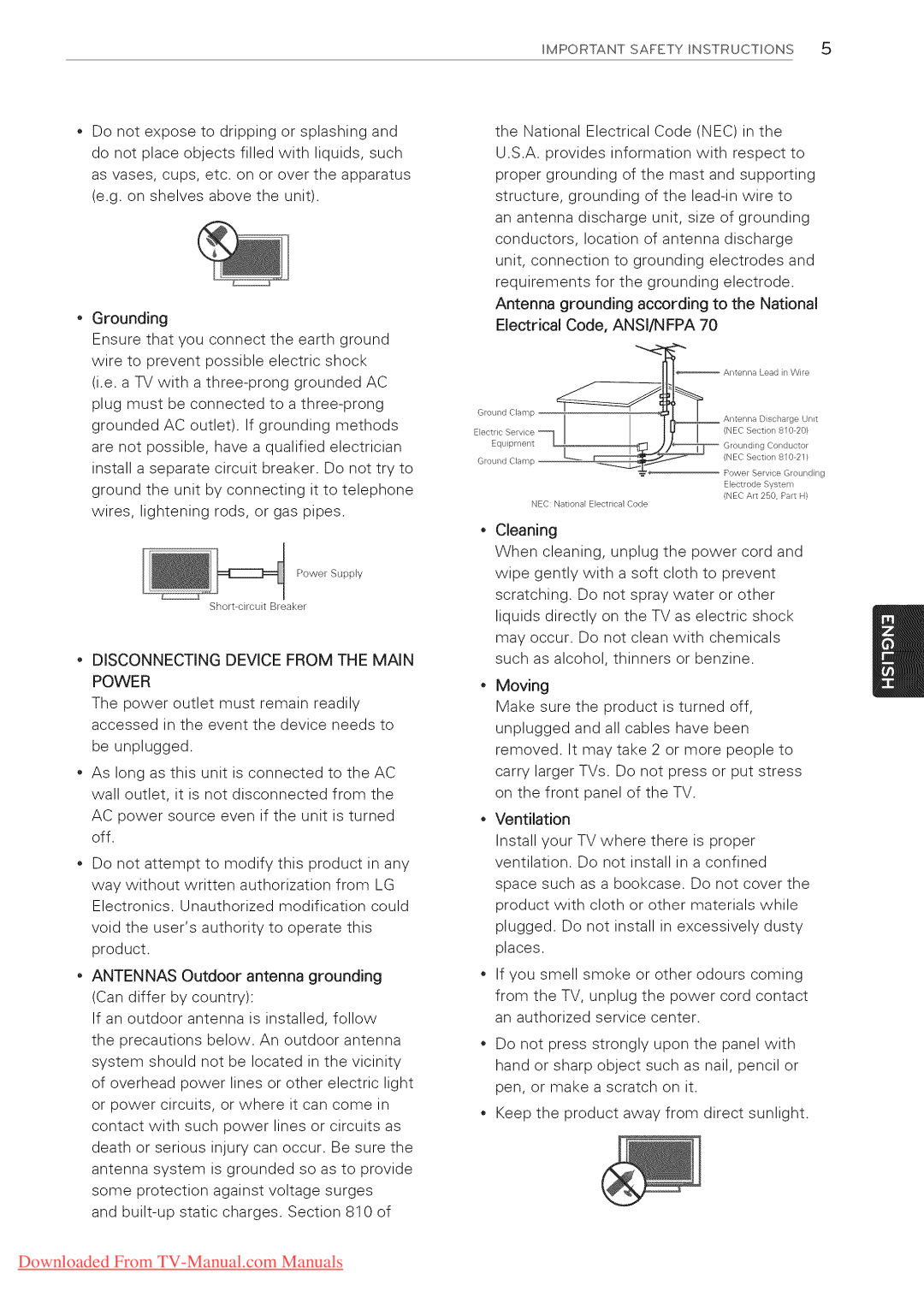 LG Electronics 55LV3700, 65LW6500, 60PZ950U, 60PZ750, 55LV5400, 55LV5500, 55LK530 manual Disconnecting Device from the Main Power 