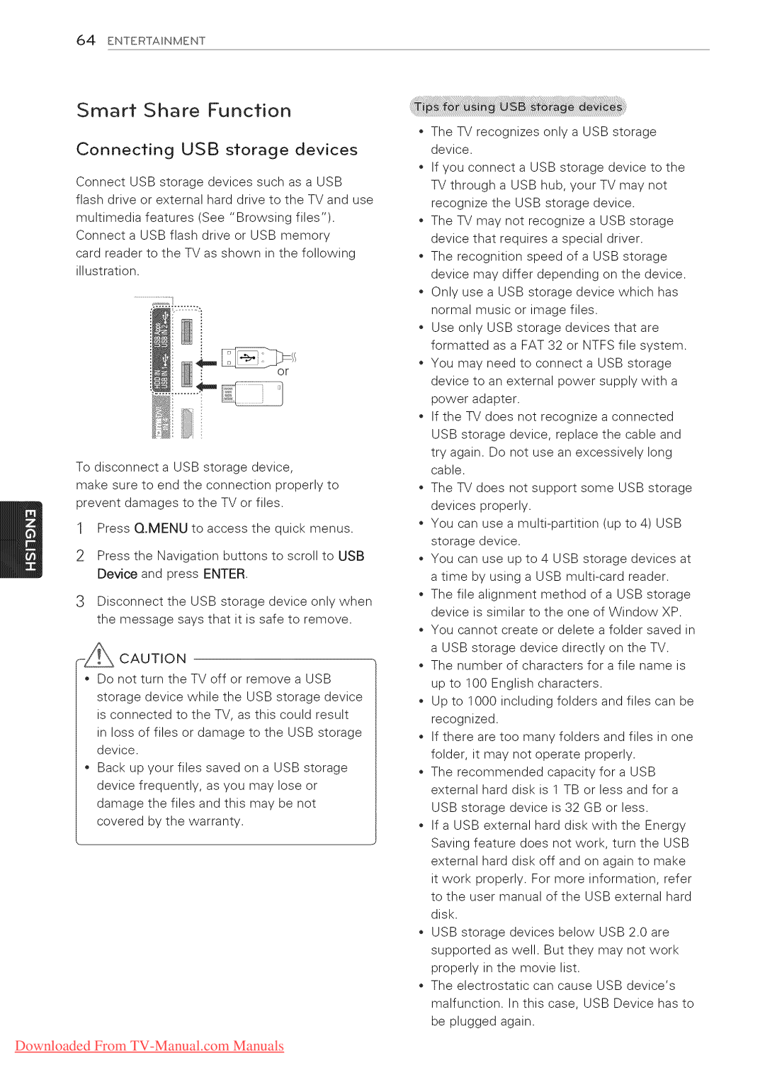 LG Electronics 55LV9500, 65LW6500, 60PZ950U, 60PZ750, 55LV5400, 55LV3700 Smart Share Function, Connecting USB storage devices 