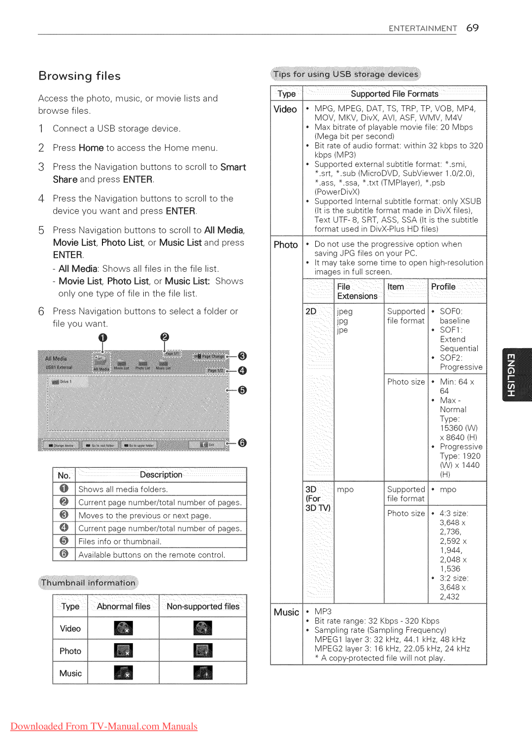 LG Electronics 65LW6500, 60PZ950U, 60PZ750, 55LV5400, 55LV3700, 55LV5500, 55LK530, 50PZ950U Browsing files, SOF0, SOF2, MP3 