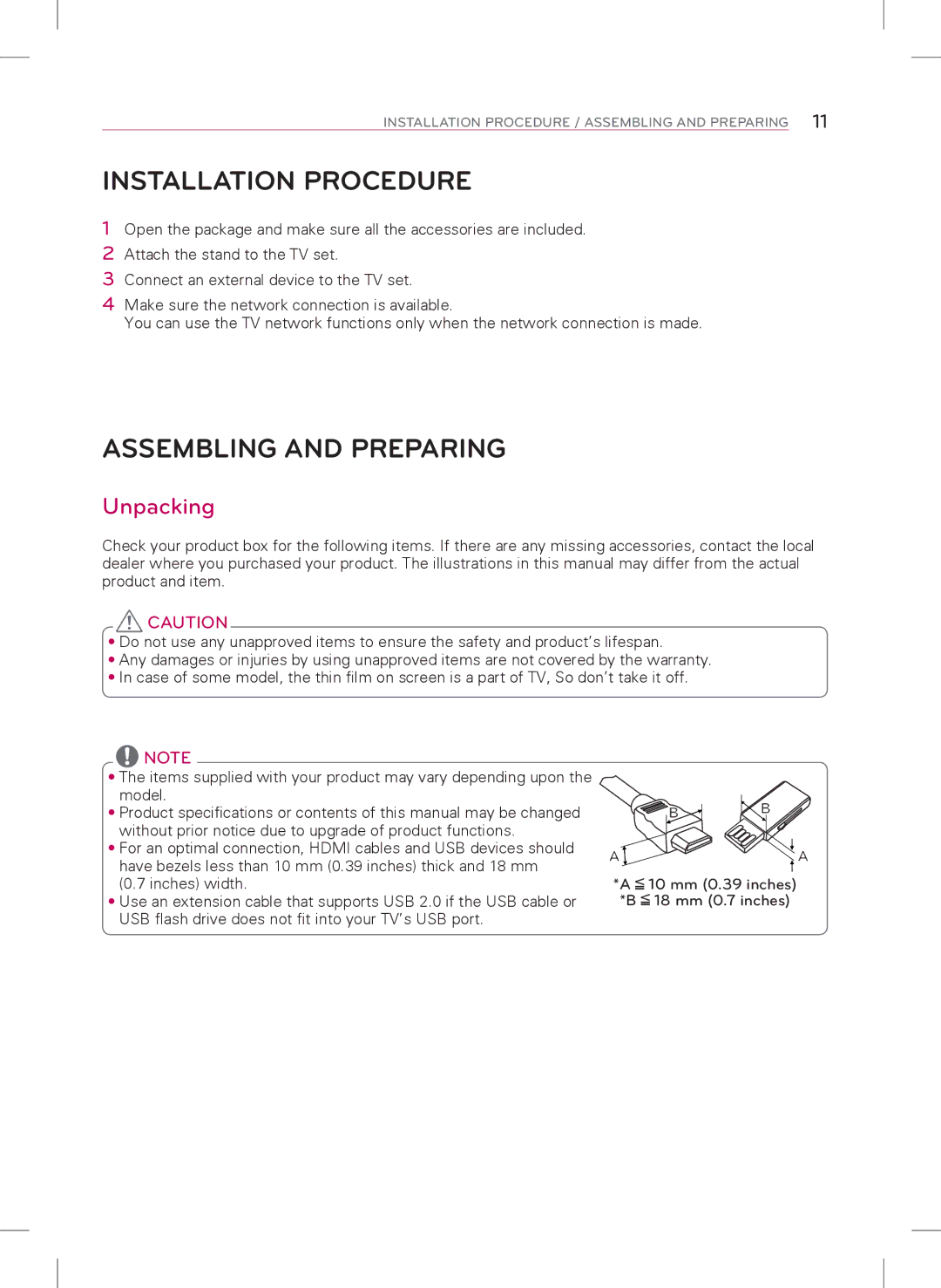 LG Electronics 55UB8200, 65UB9200, 40UB8000, 49UB8200 owner manual Installation Procedure, Assembling and Preparing, Unpacking 