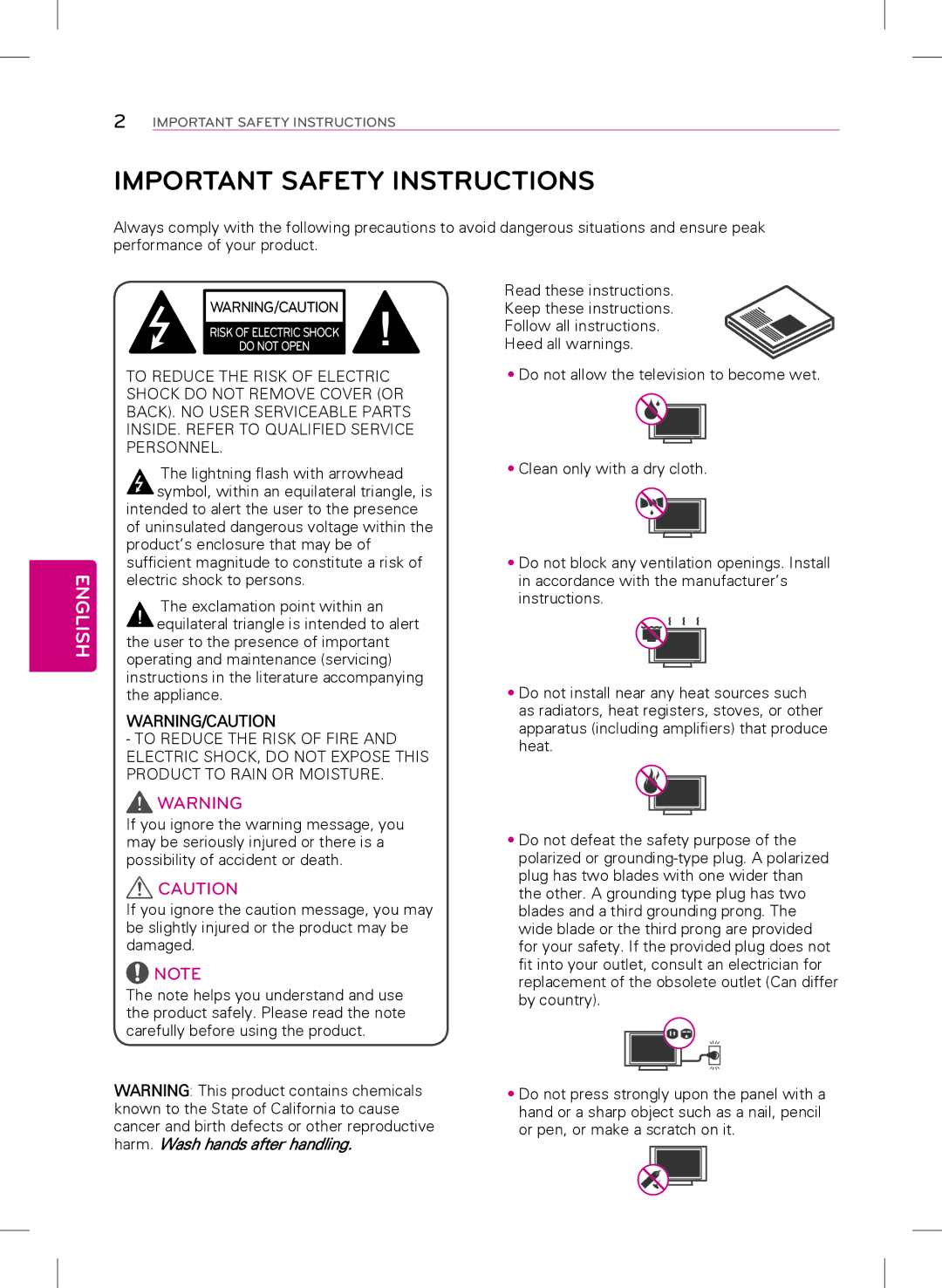 LG Electronics 49UB8200, 65UB9200, 40UB8000, 55UB8200 owner manual Important Safety Instructions, English 