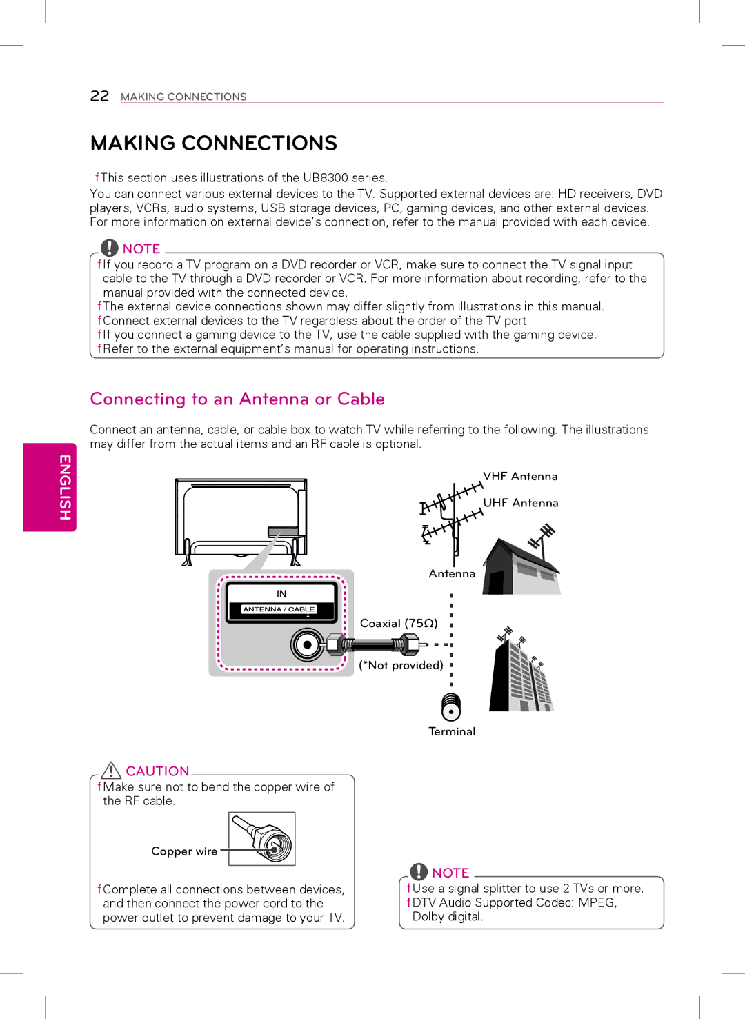 LG Electronics 49UB8200, 65UB9200, 40UB8000, 55UB8200 owner manual Making Connections, Connecting to an Antenna or Cable 