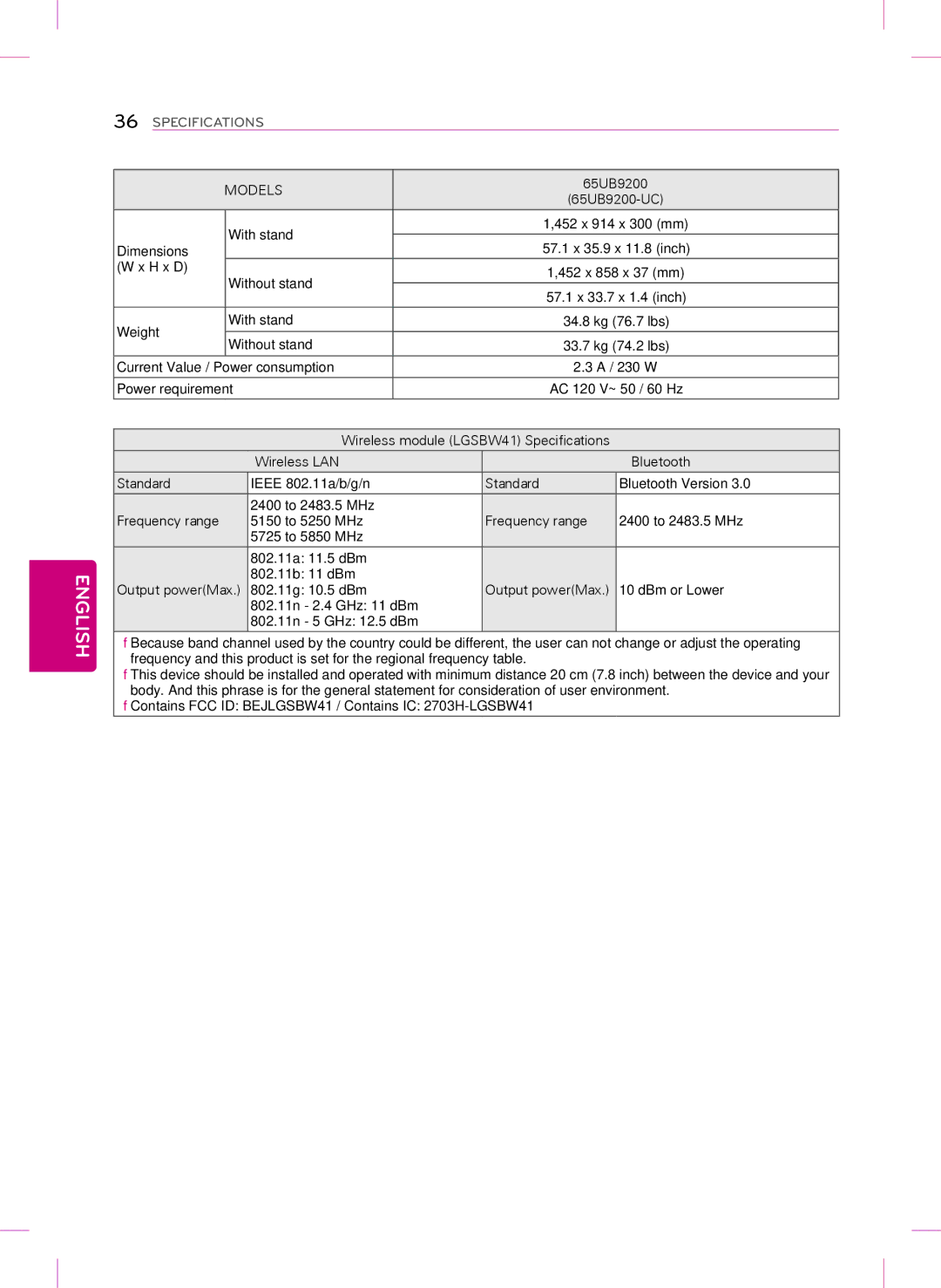 LG Electronics 65UB9200, 40UB8000, 49UB8200, 55UB8200 owner manual Frequency range 