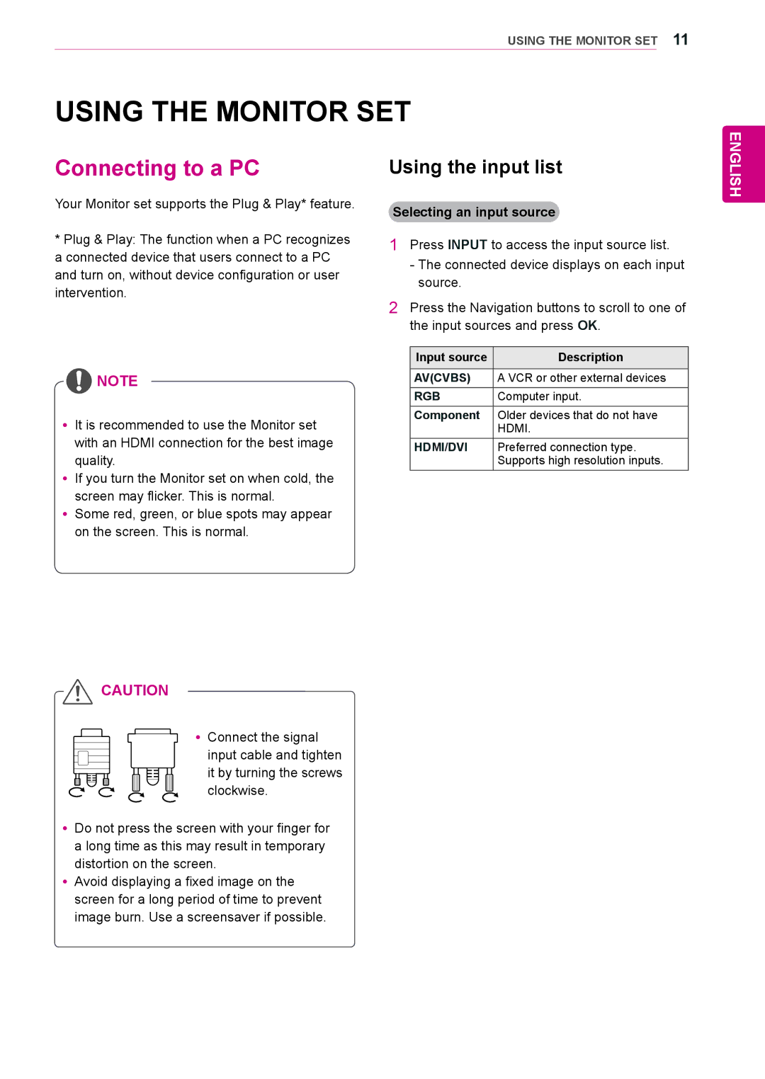 LG Electronics 65VS10 Using the Monitor SET, Connecting to a PC, Using the input list, Selecting an input source 