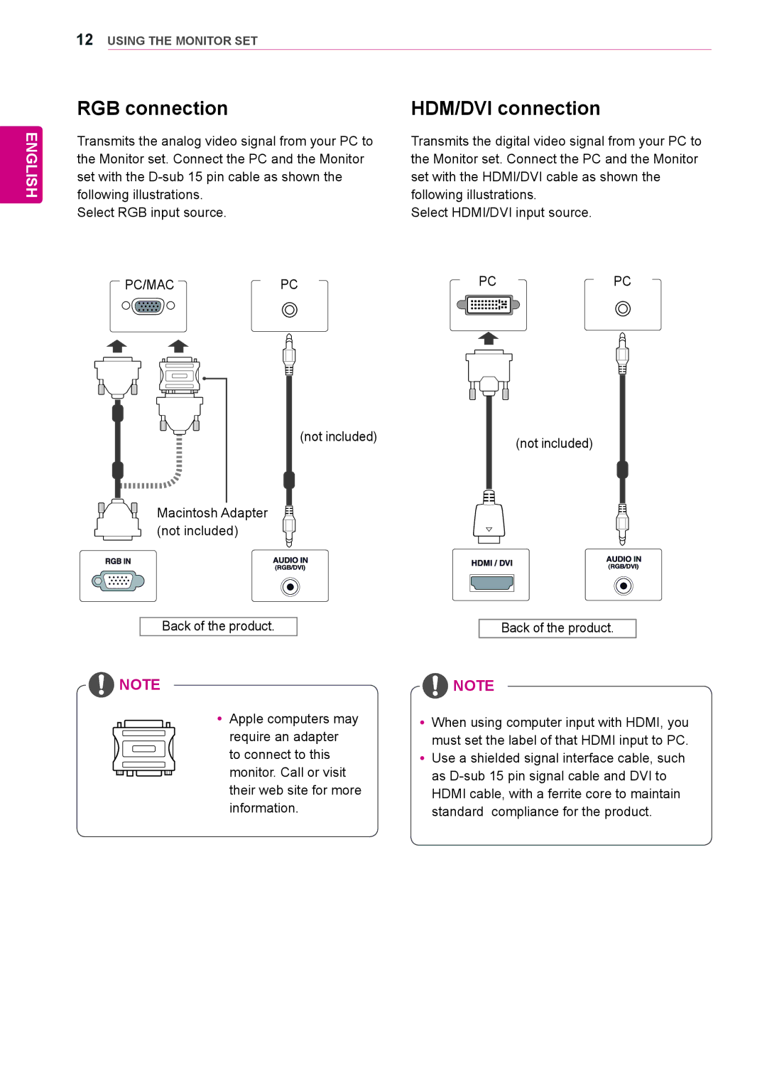 LG Electronics 65VS10 owner manual RGB connection, HDM/DVI connection, Not included, Standard compliance for the product 