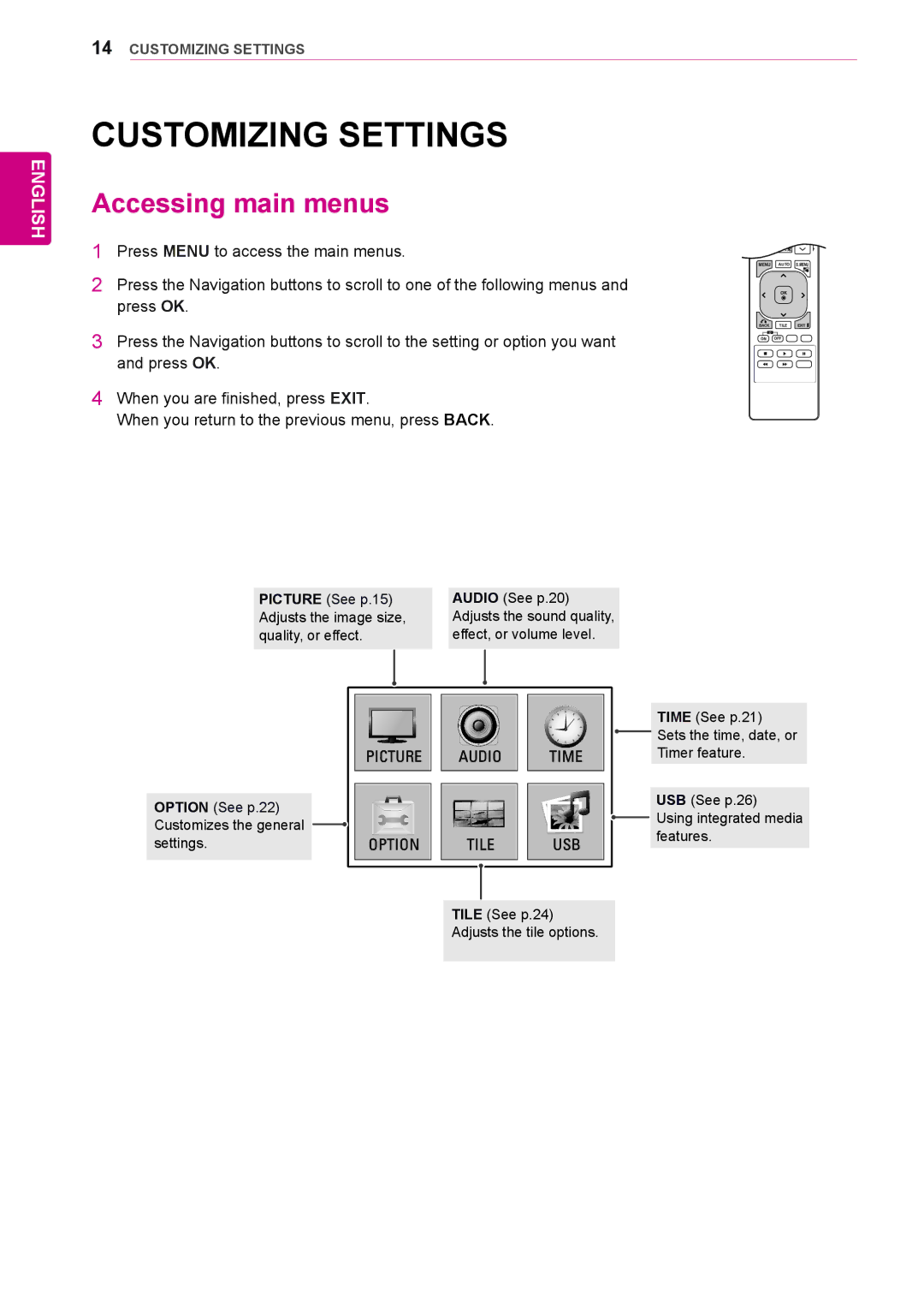 LG Electronics 65VS10 owner manual Customizing Settings, Accessing main menus 