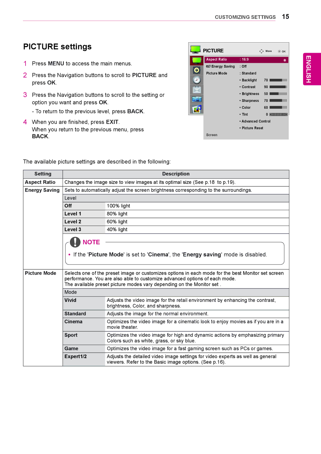 LG Electronics 65VS10 owner manual Picture settings, Available picture settings are described in the following 