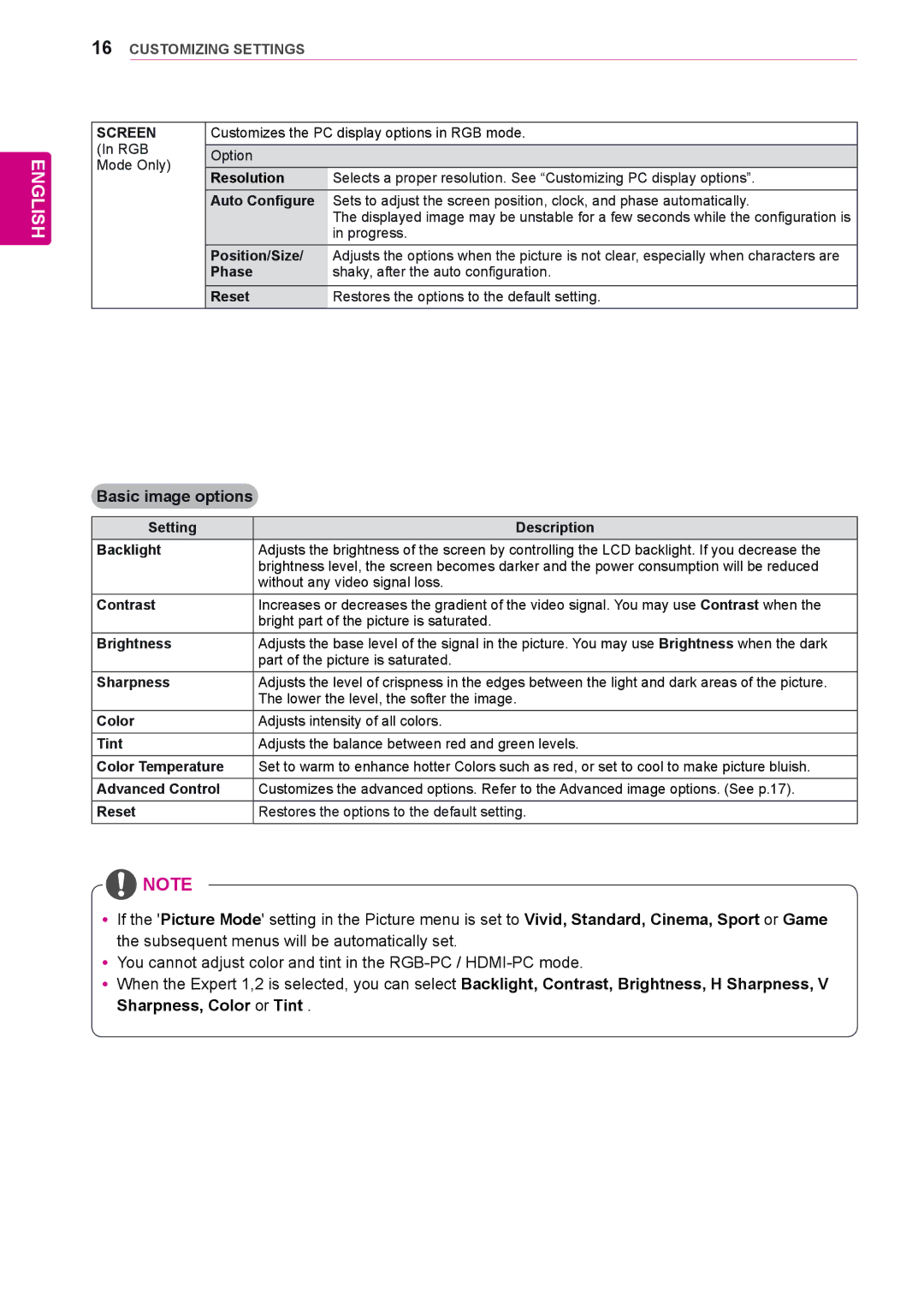 LG Electronics 65VS10 owner manual Basic image options, Screen 