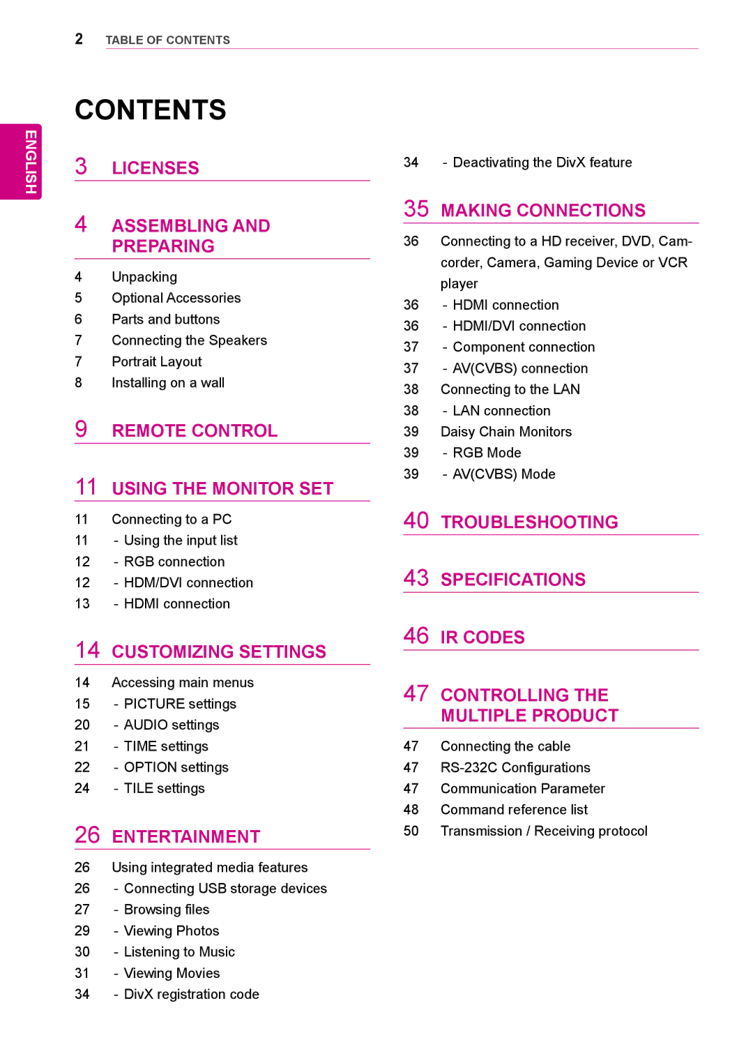 LG Electronics 65VS10 owner manual Contents 