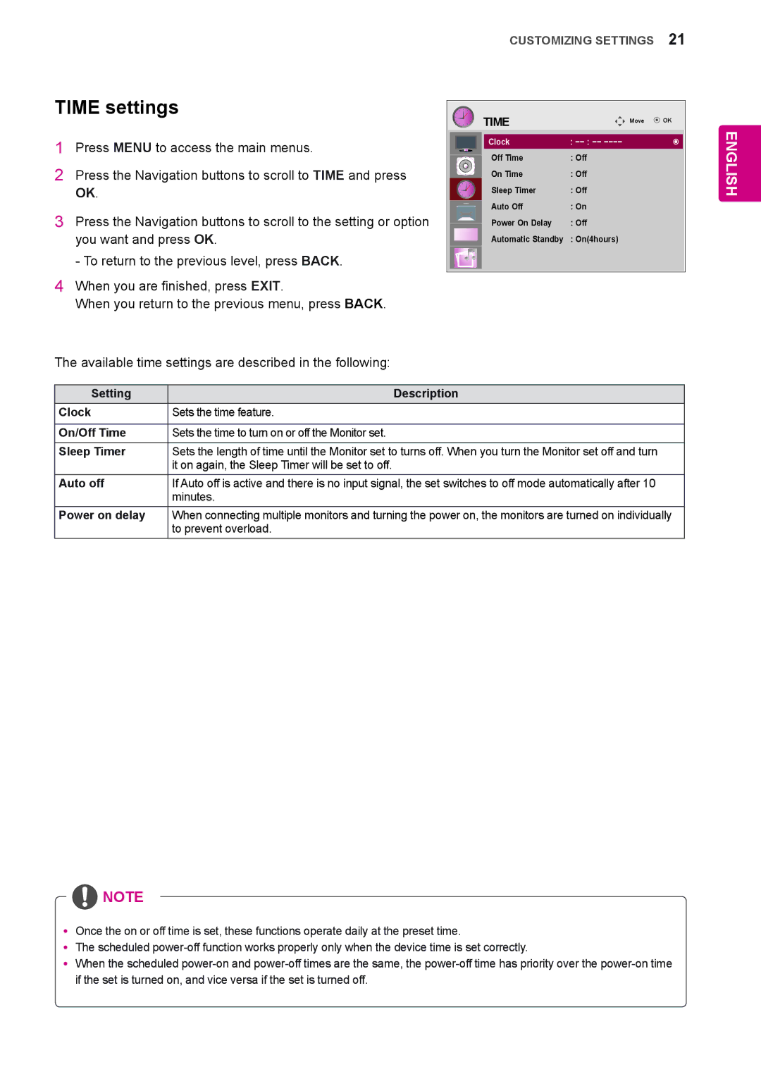 LG Electronics 65VS10 owner manual Time settings, Available time settings are described in the following 