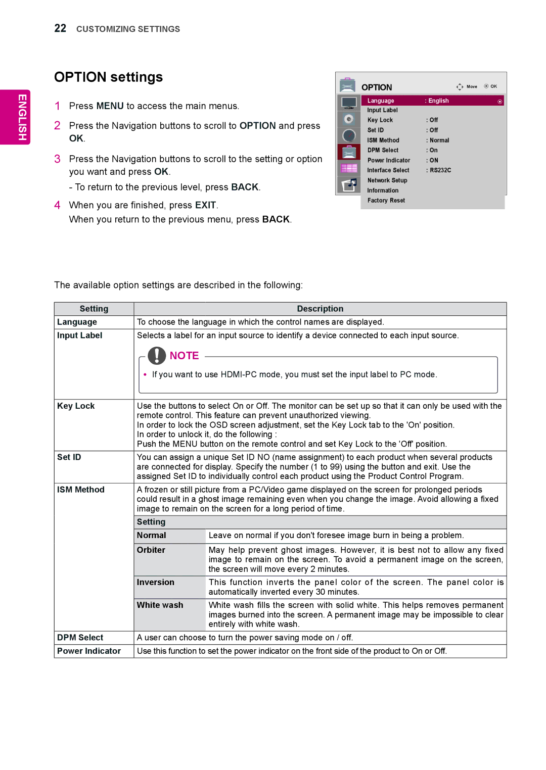 LG Electronics 65VS10 owner manual Option settings 
