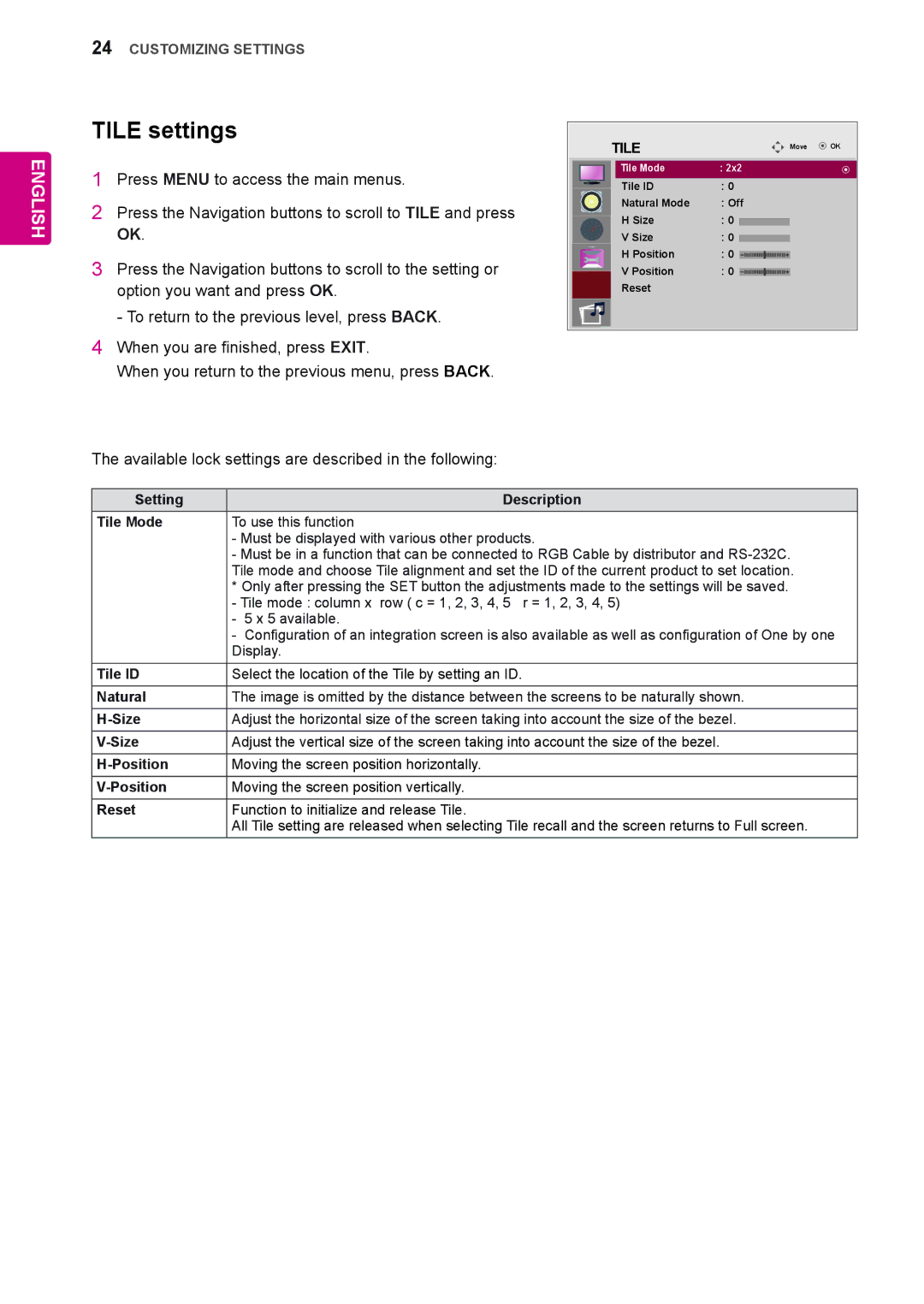 LG Electronics 65VS10 owner manual Tile settings 