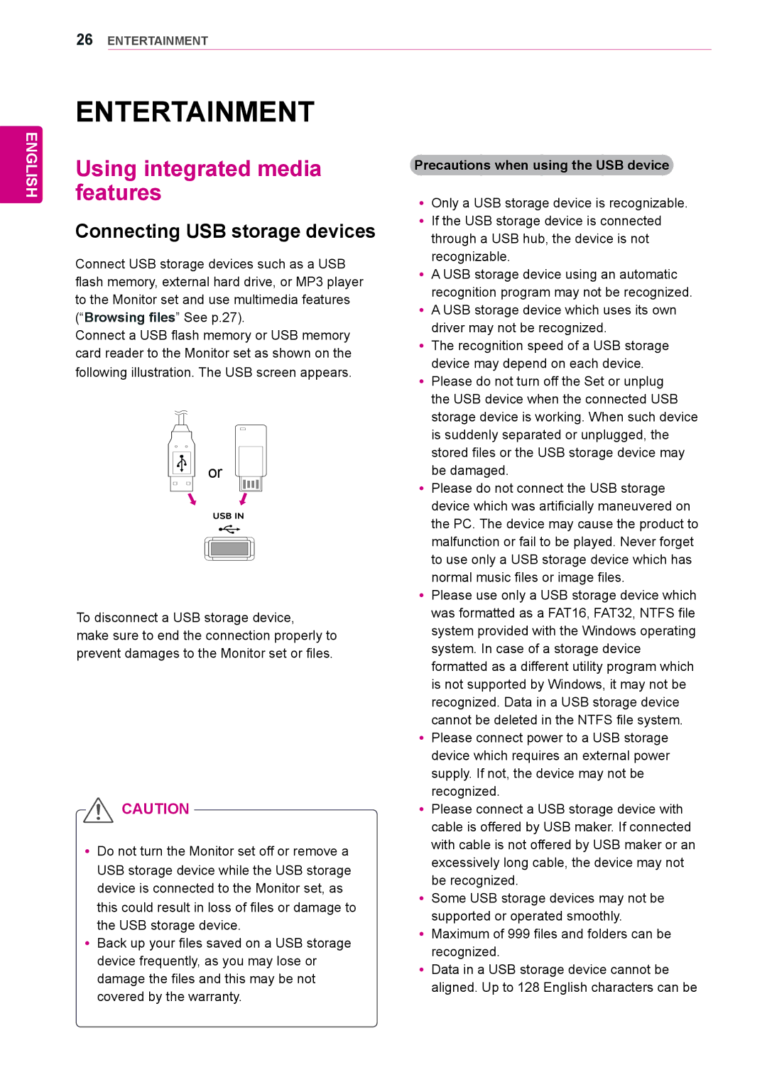 LG Electronics 65VS10 owner manual Entertainment, Using integrated media features, Connecting USB storage devices 